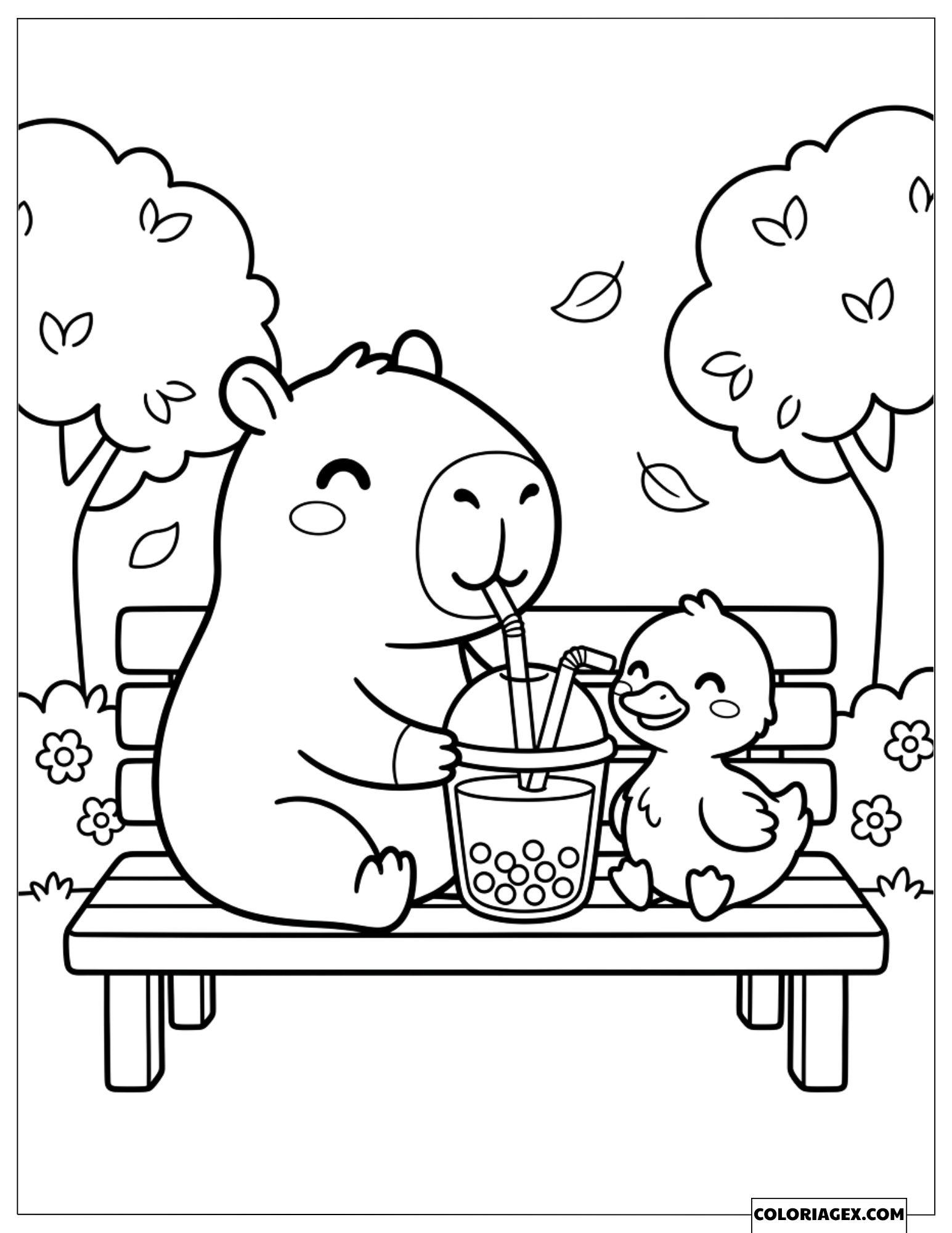 Coloriage d'un capybara et d'un caneton partageant un thé sur un banc de parc