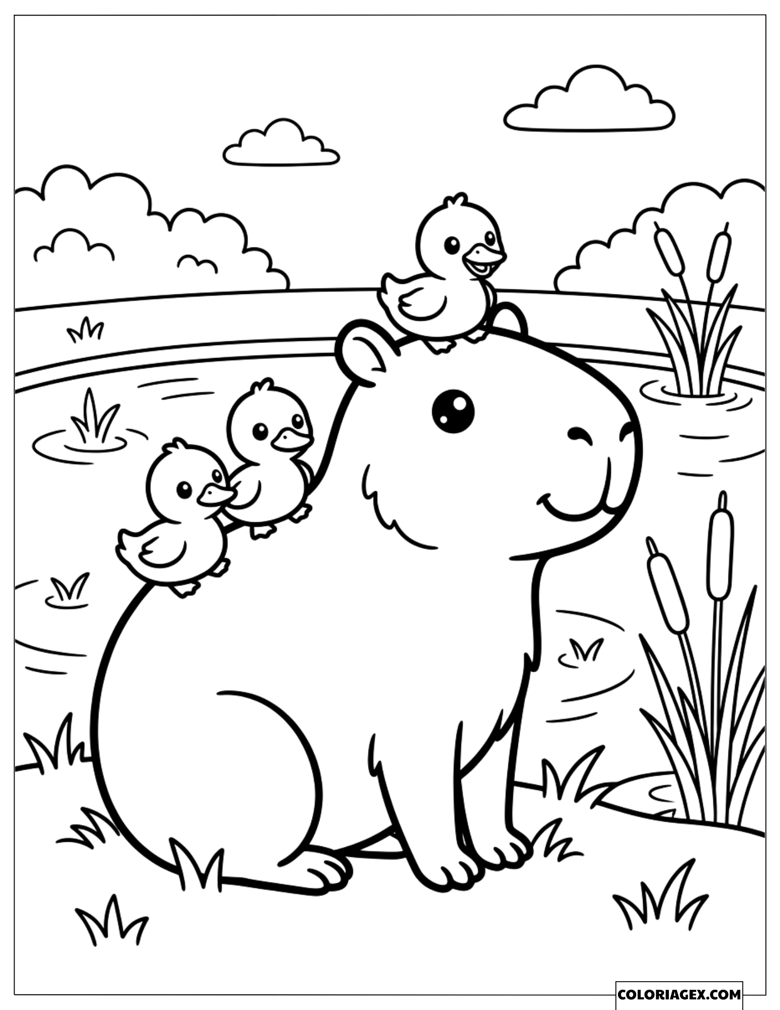 Coloriage d'un capybara portant d'adorables canetons sur son dos et sa tête près du lac