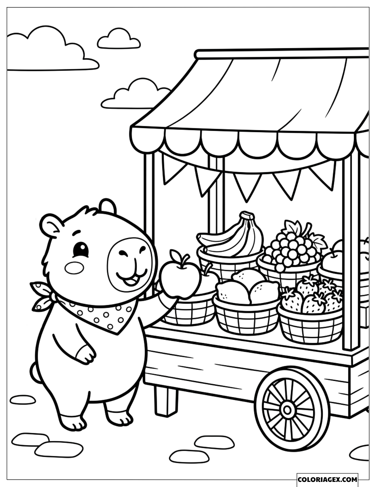 Coloriage d'un capybara portant un foulard choisissant une pomme au stand
