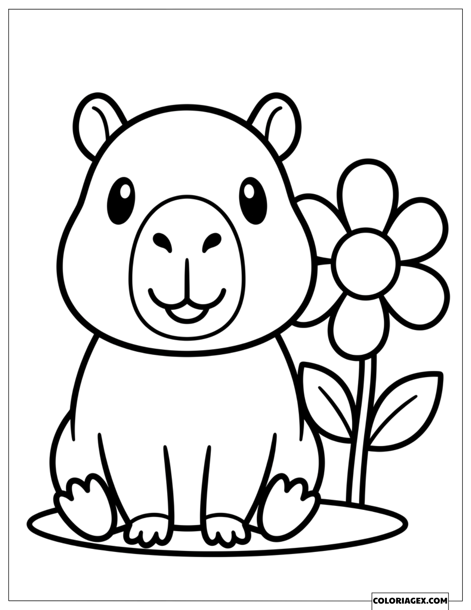 Coloriage d'un capybara souriant assis joyeusement à côté d'une grande fleur simple à colorier