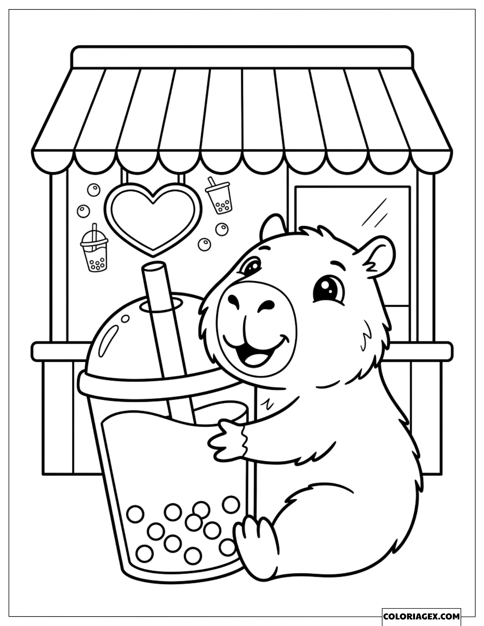 Coloriage d'un capybara tenant une grande tasse devant une boutique en cœur