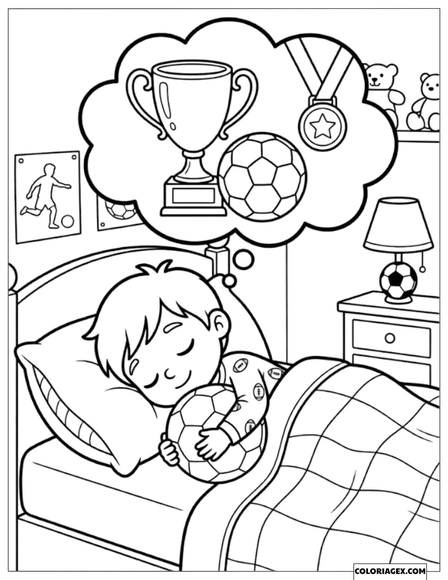 Coloriage d'un garçon rêvant de trophée et de ballon de football