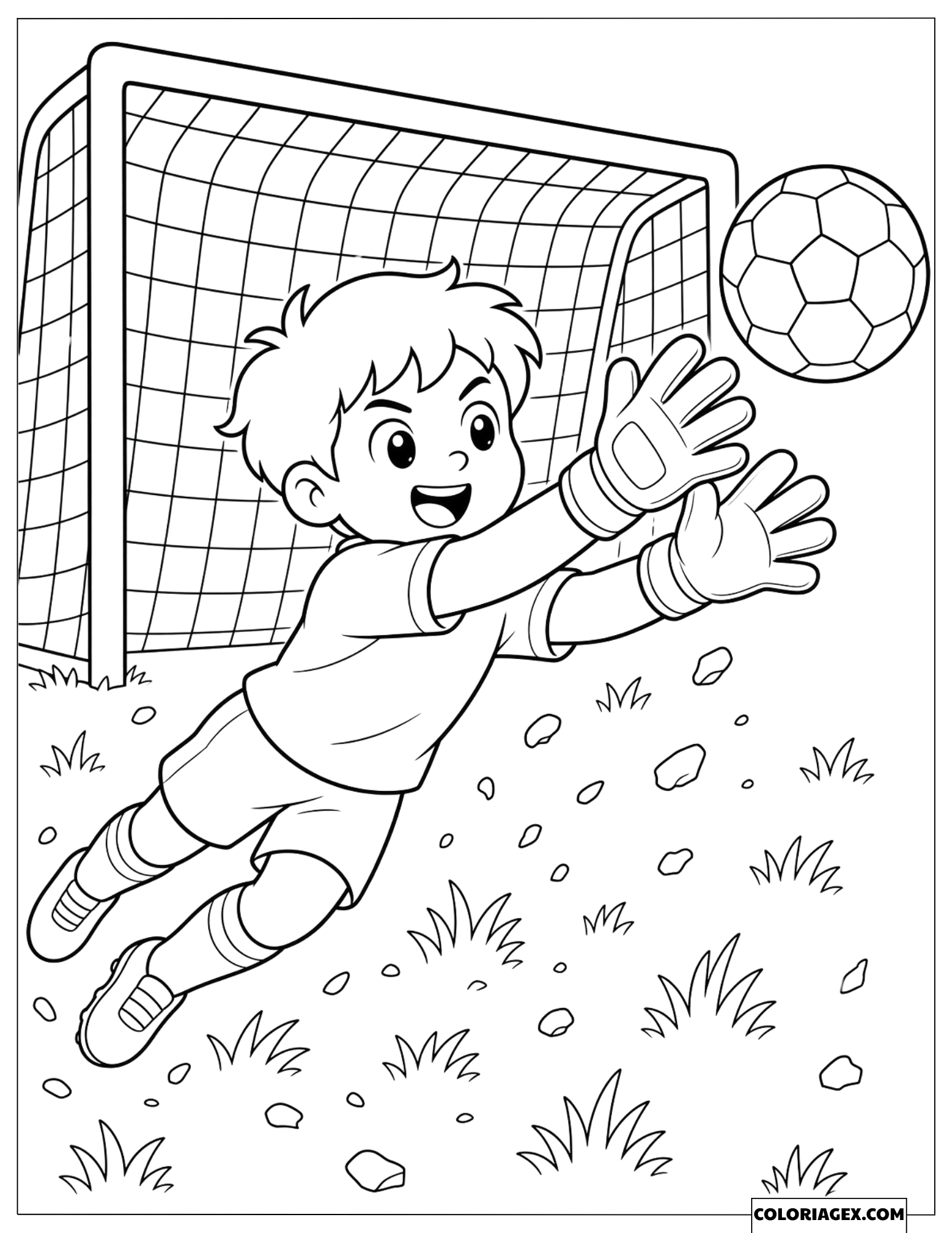 Coloriage d'un jeune gardien de but plongeant pour attraper le ballon