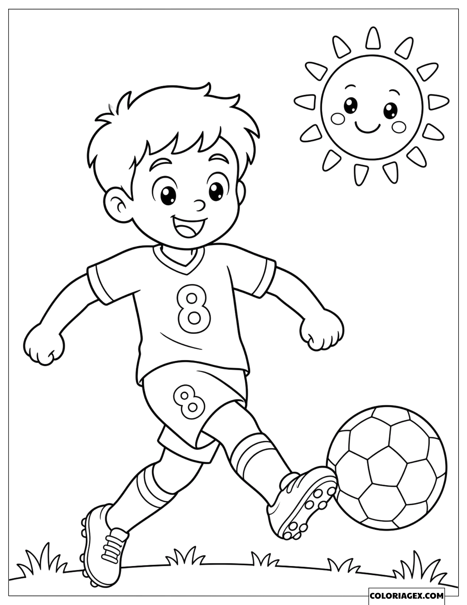 Coloriage d'un petit garçon footballeur portant le numéro 8