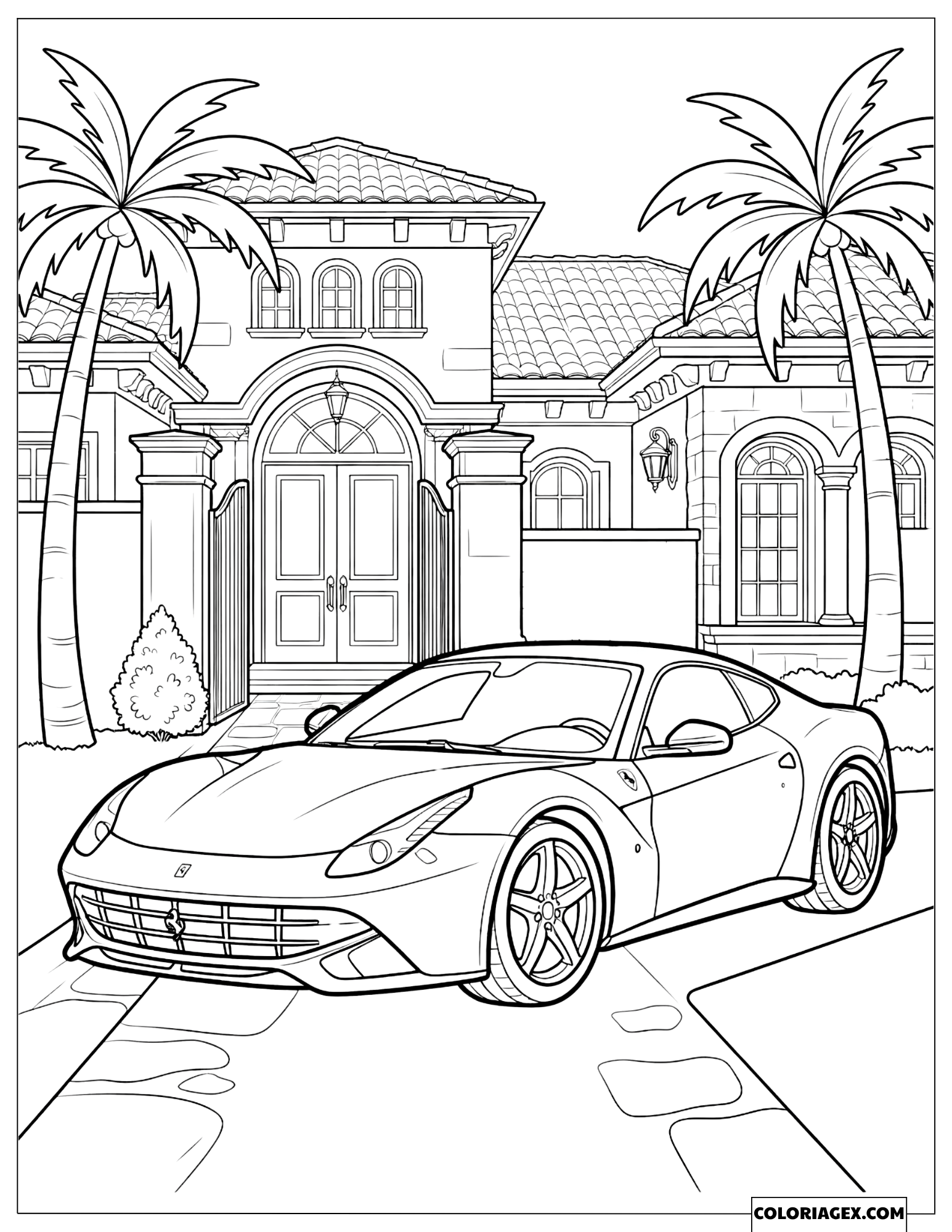 Coloriage d'une Ferrari stationnée devant une luxueuse villa sous les palmiers