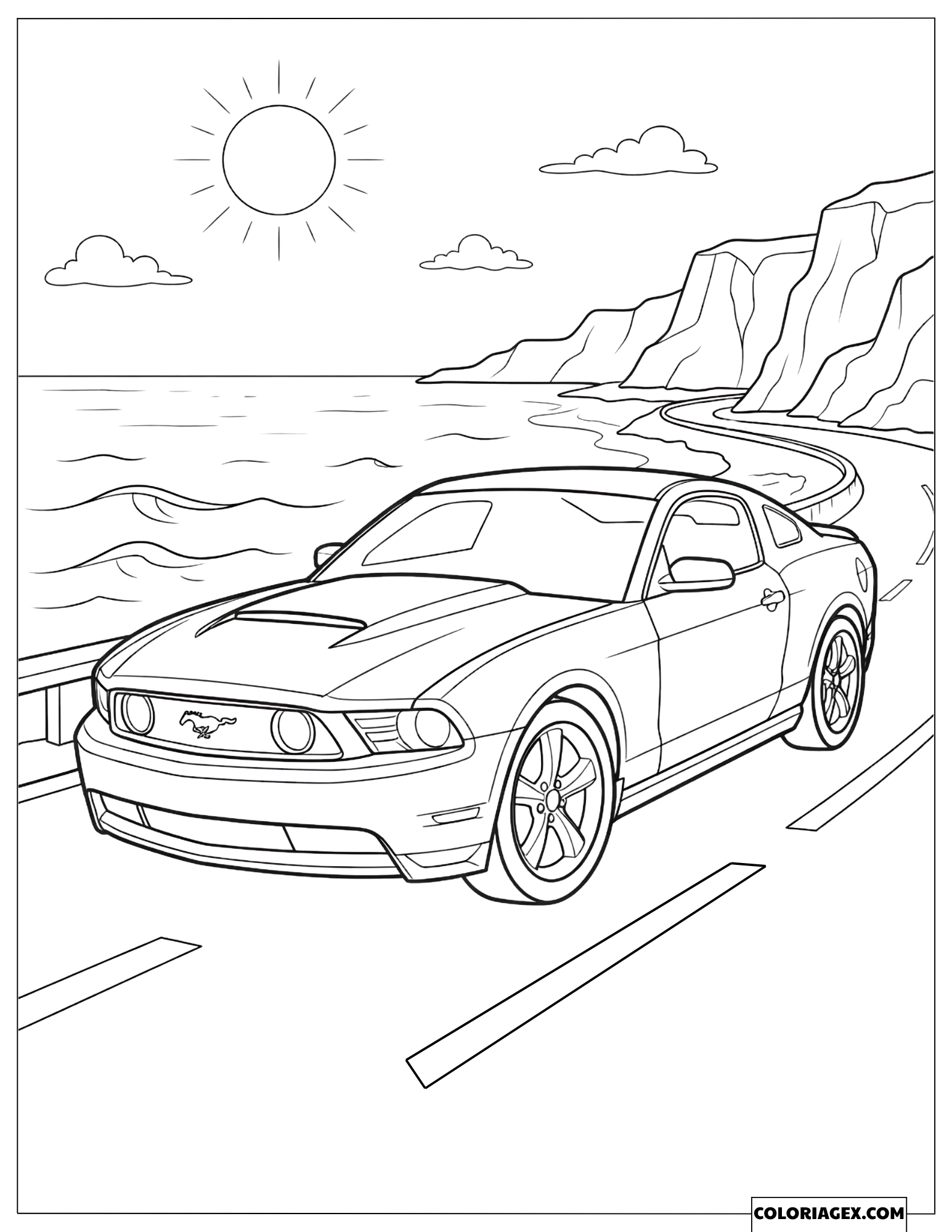 Coloriage d'une Ford Mustang filant sur la route côtière ensoleillée
