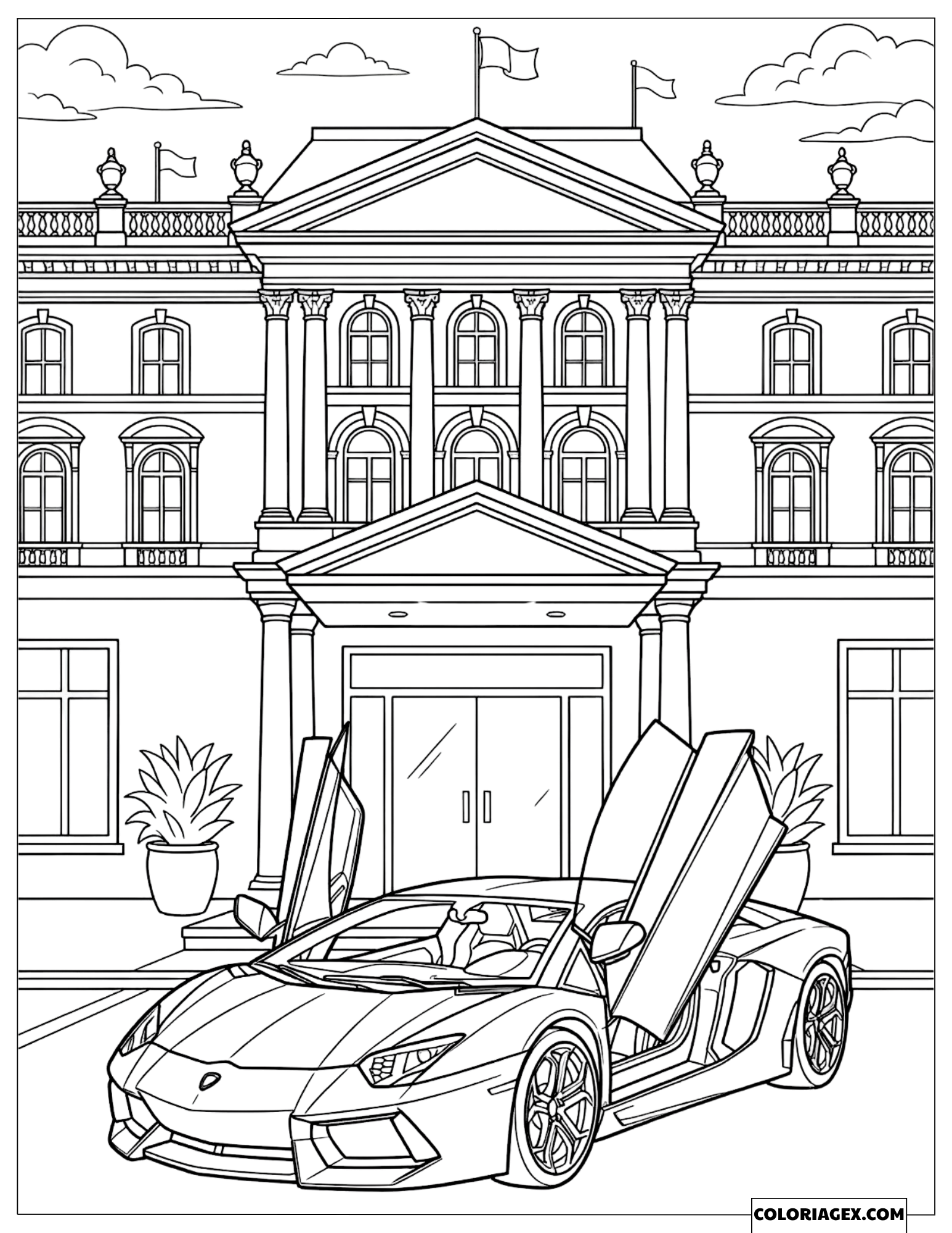 Coloriage d'une Lamborghini avec portes en ciseaux ouvertes devant un hôtel