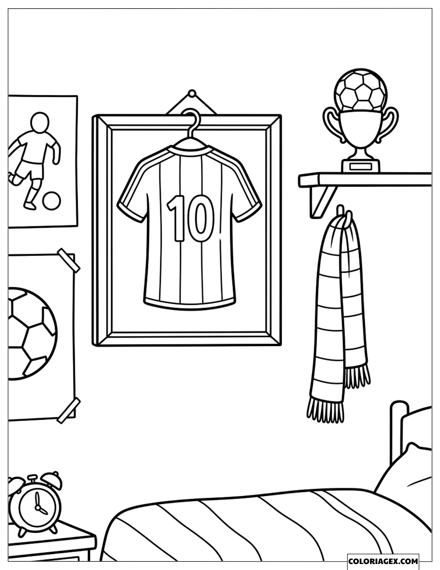 Coloriage d'une chambre avec un maillot de foot numéro 10 et un trophée