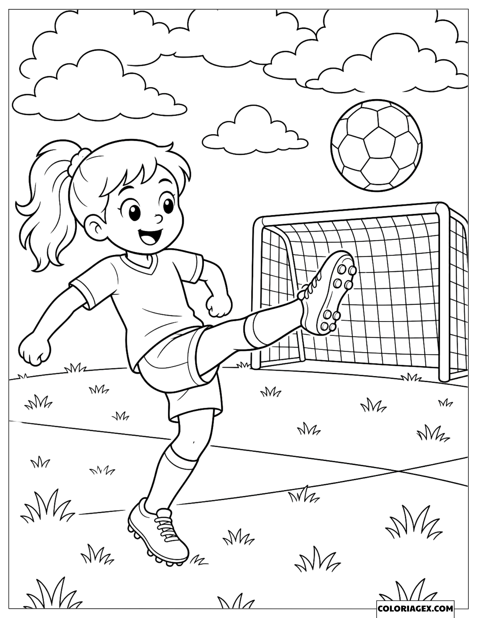 Coloriage d'une jeune fille footballeuse tirant au but dans un filet