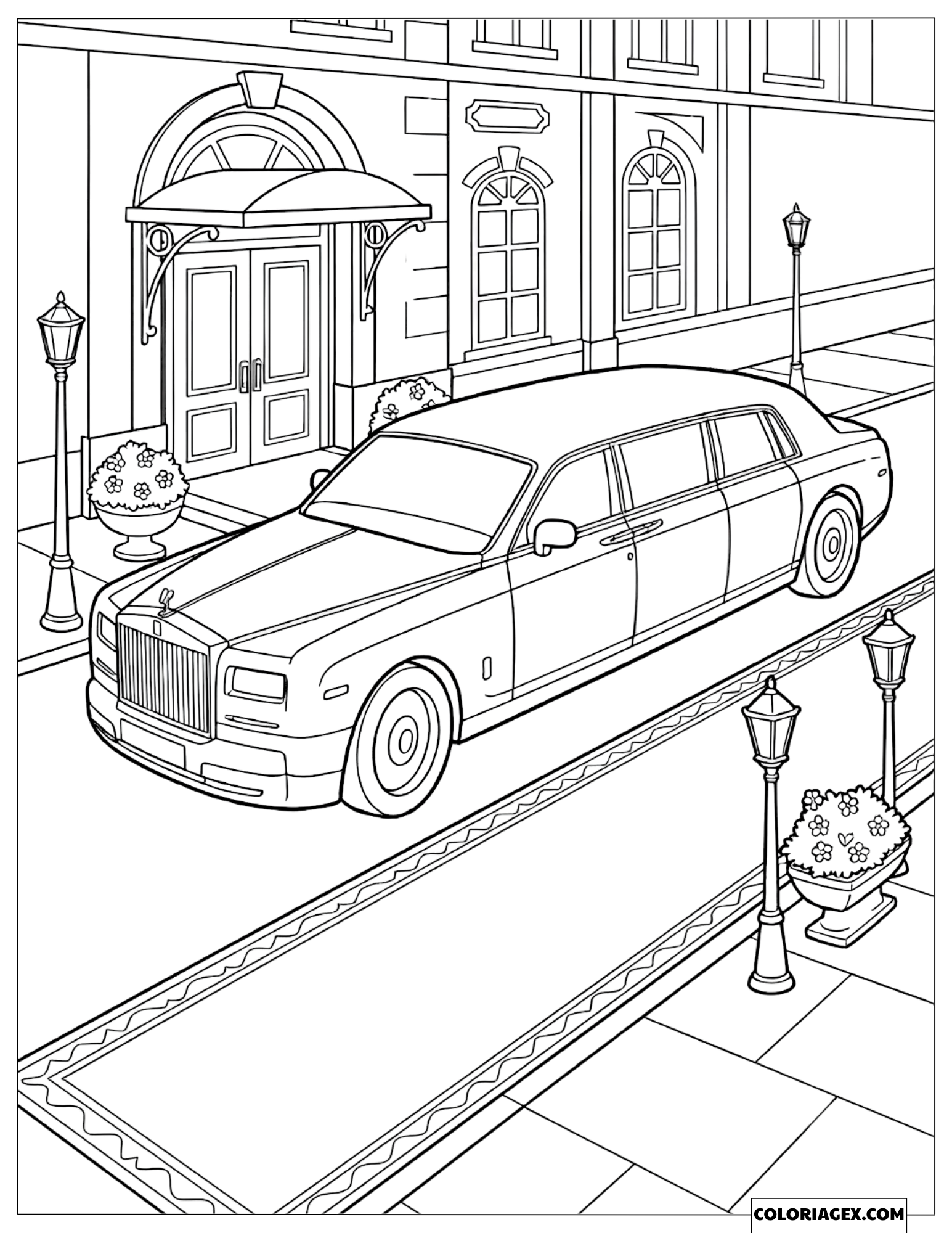 Coloriage d'une longue limousine garée le long d'un tapis devant un édifice