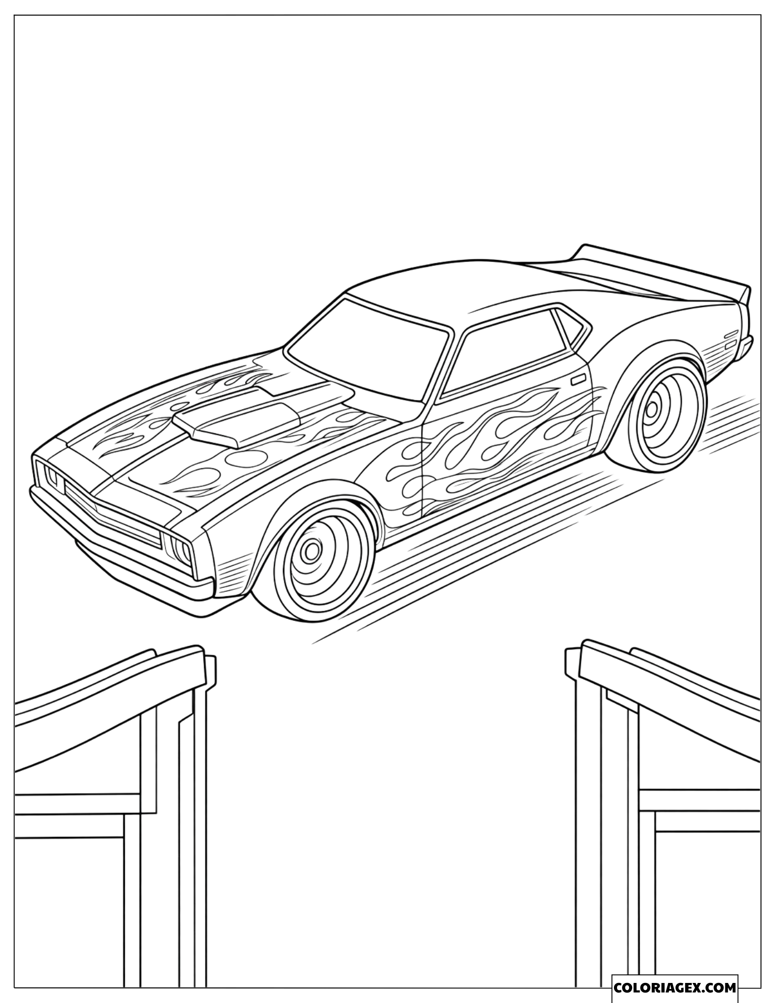 Coloriage d'une muscle car Hot Wheels sautant au-dessus d'un grand vide