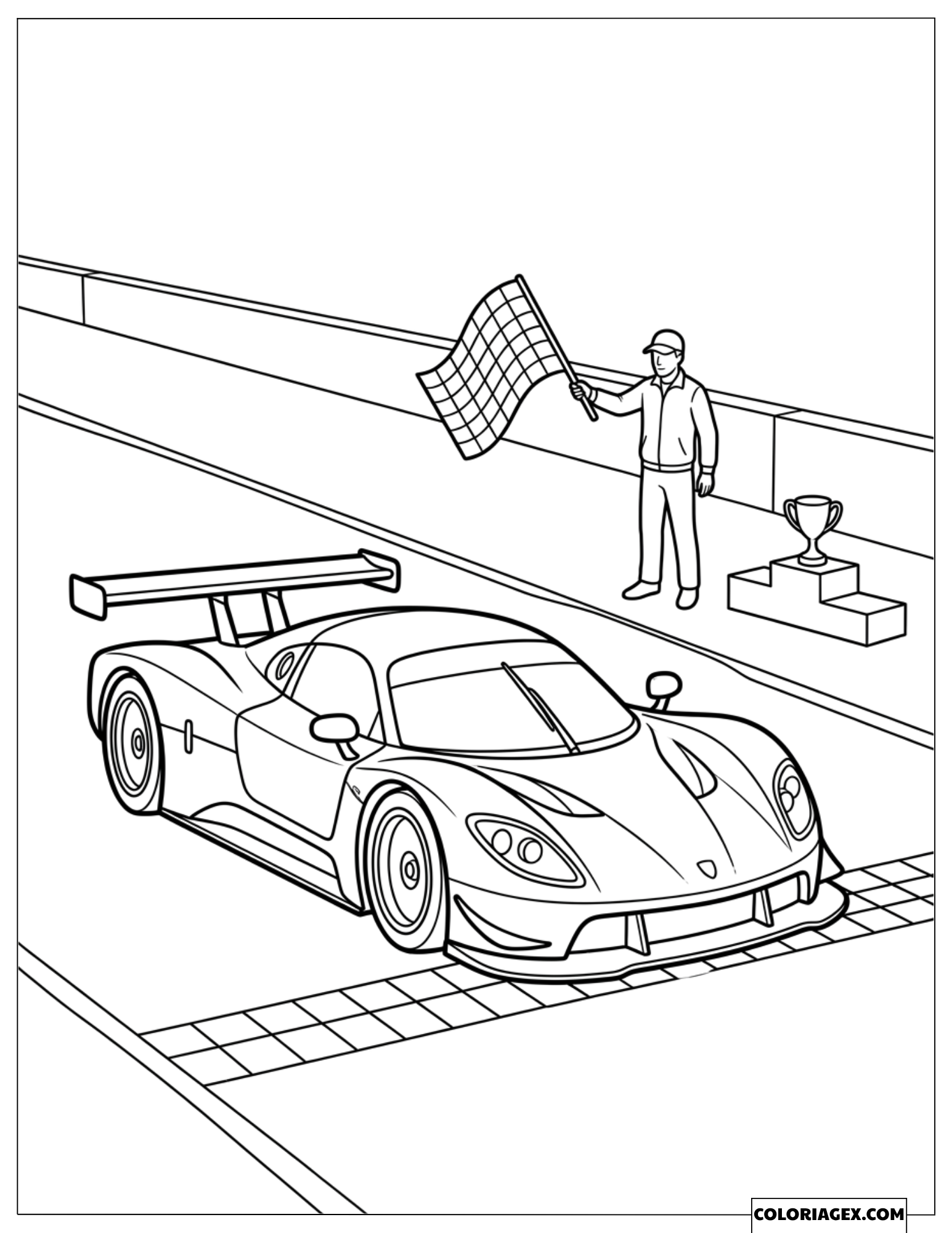 Coloriage d'une supercar franchissant la ligne avec l'arbitre agitant le drapeau