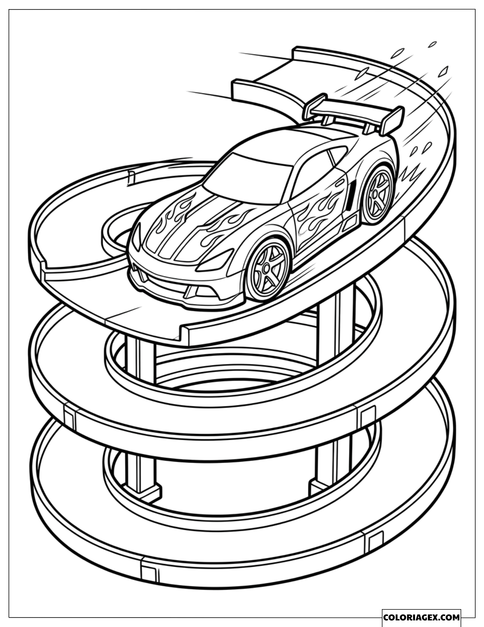 Coloriage d'une voiture Hot Wheels à flammes dévalant une piste en spirale