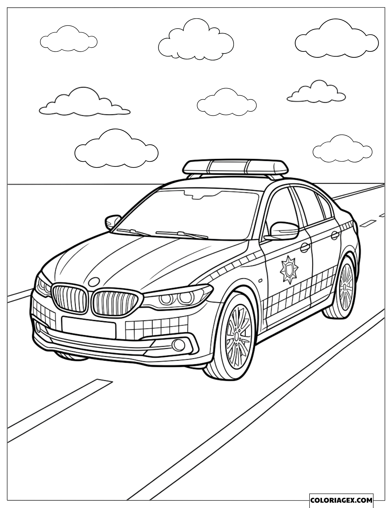 Coloriage d'une voiture de police berline patrouillant sur une large route