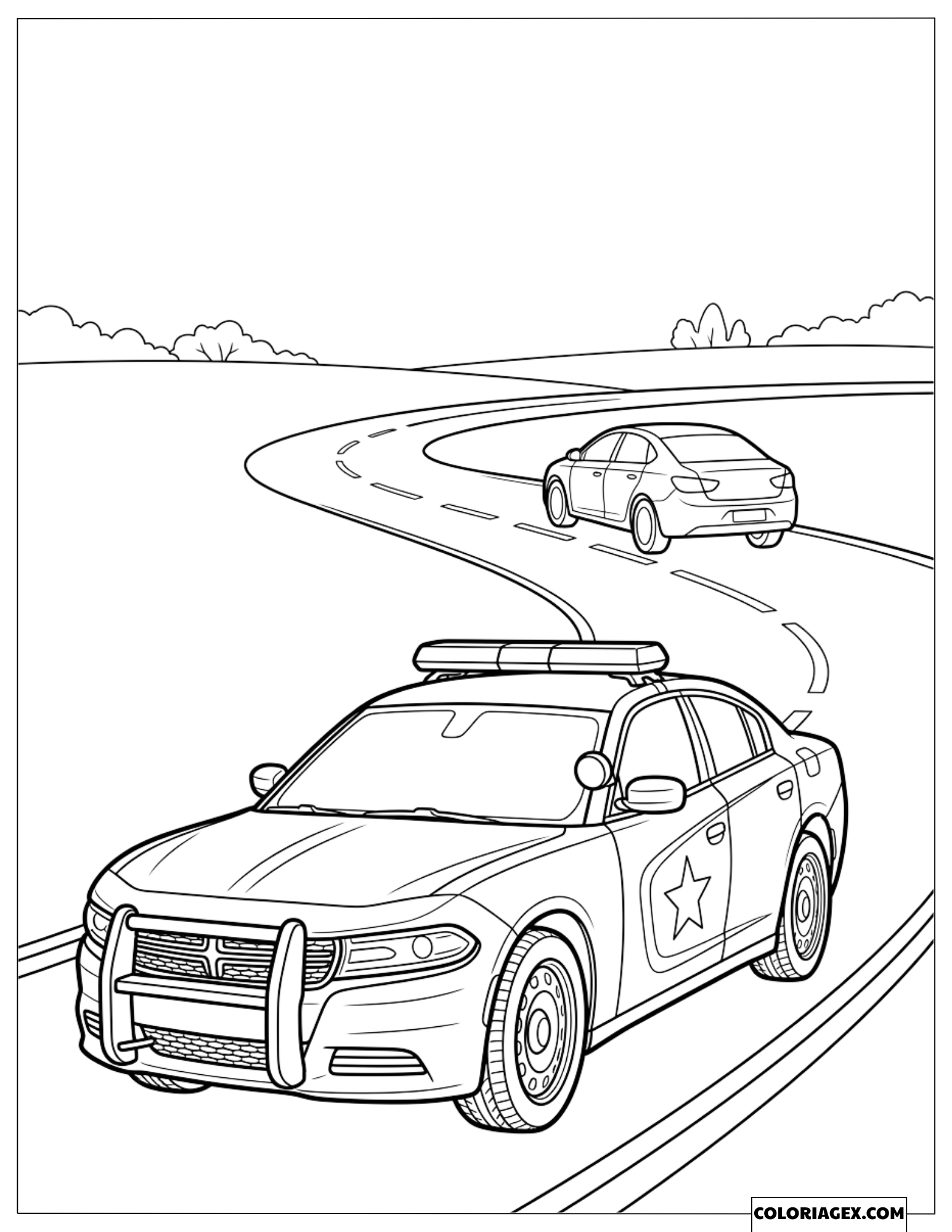 Coloriage d'une voiture de police poursuivant un véhicule sur la route