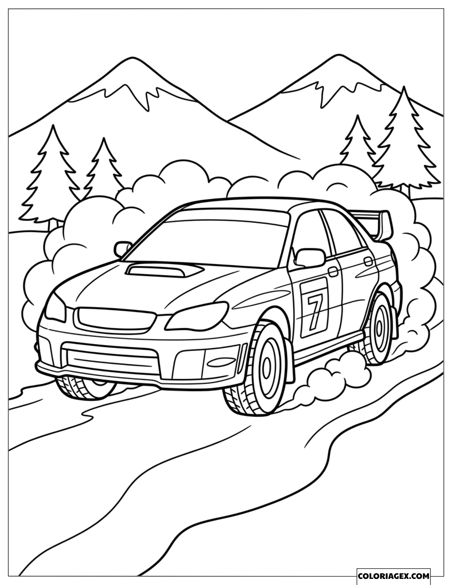 Coloriage d'une voiture de rallye numéro 7 roulant à vive allure dans la poussière