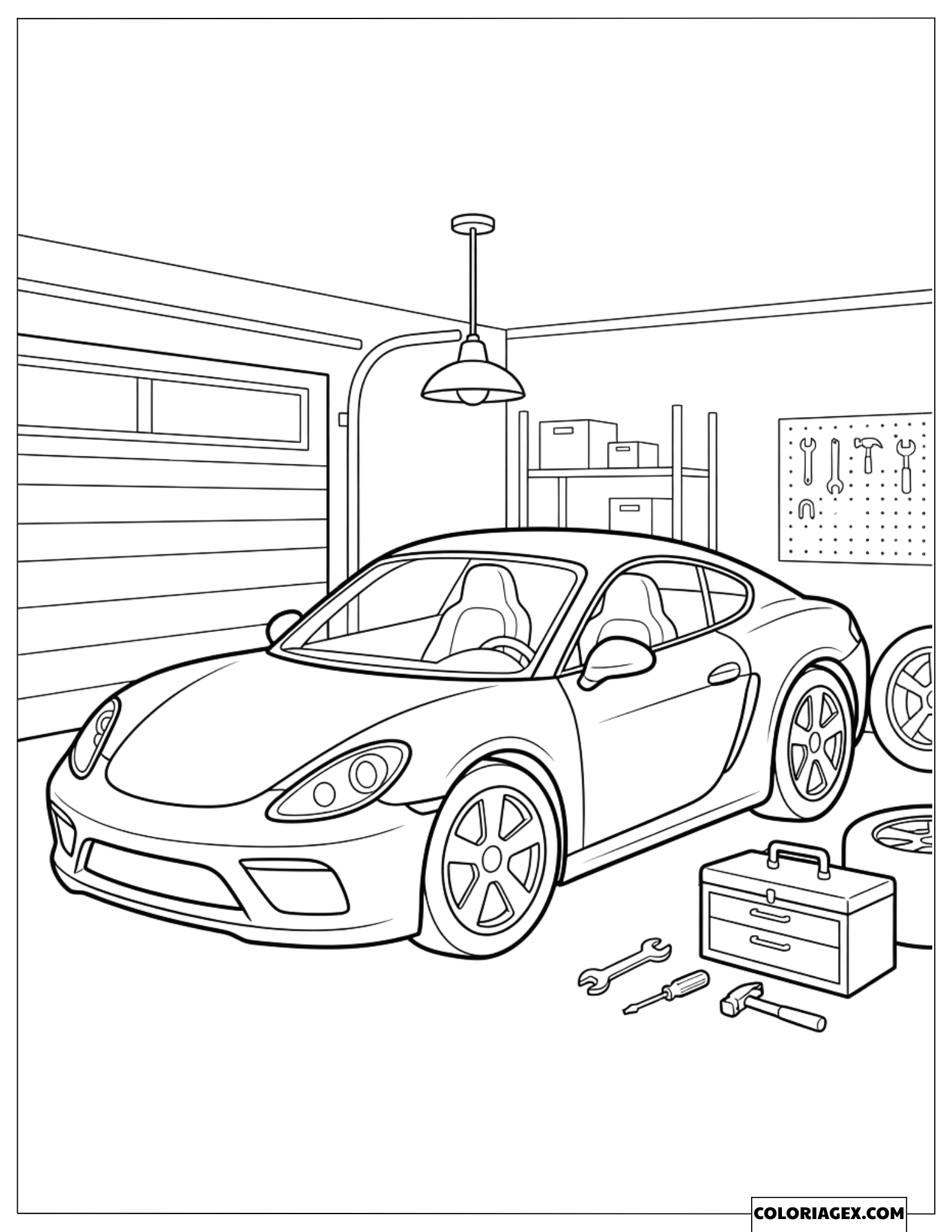 Coloriage d'une voiture de sport garée dans un garage avec des outils