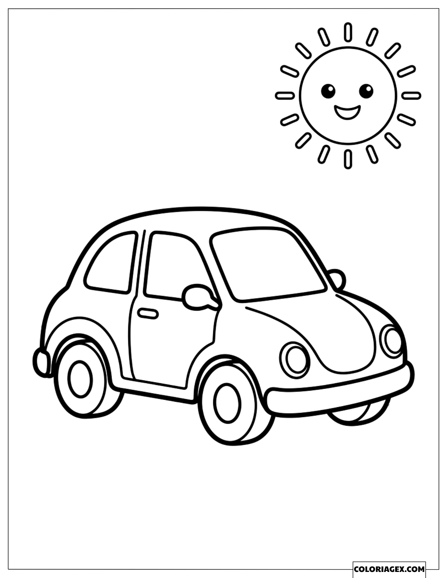 Coloriage d'une voiture mignonne roulant sous un soleil souriant