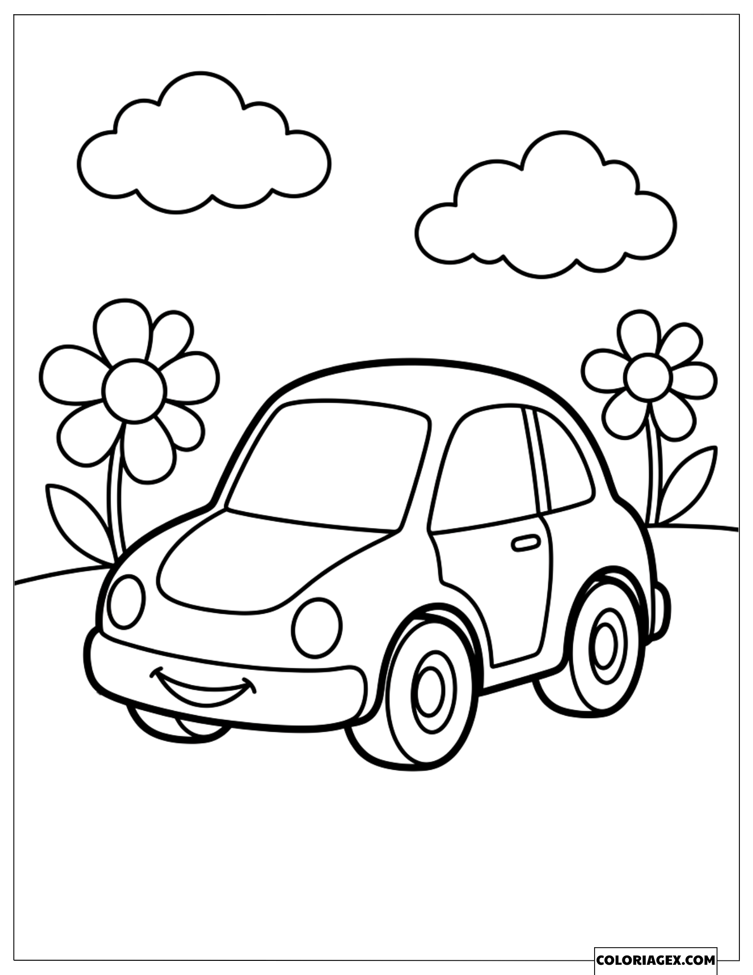 Coloriage d'une voiture souriante se promenant parmi de grandes fleurs