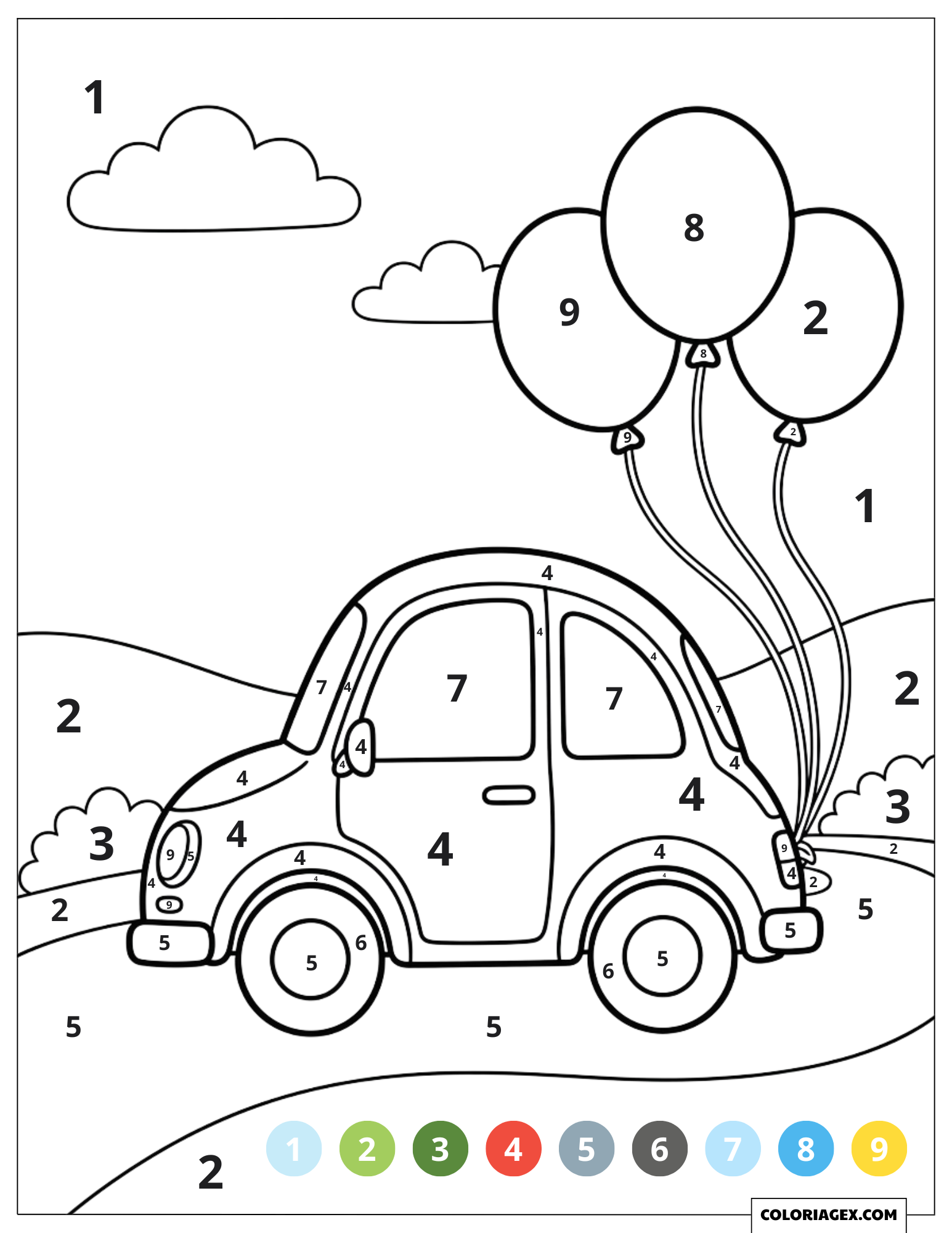 Coloriage magique par numéros d'une voiture avec ballons pour enfants