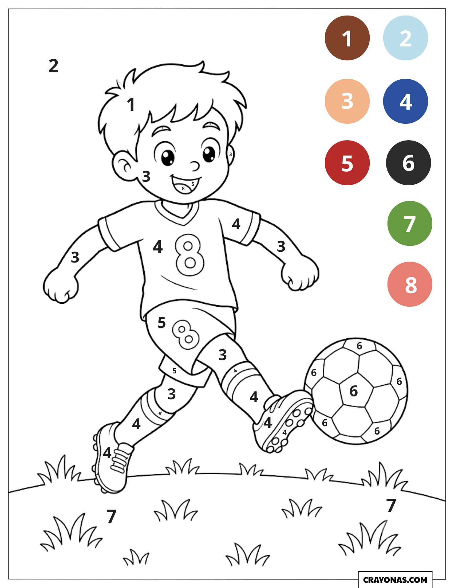 Coloriage par numéro d’un jeune footballeur jouant au football