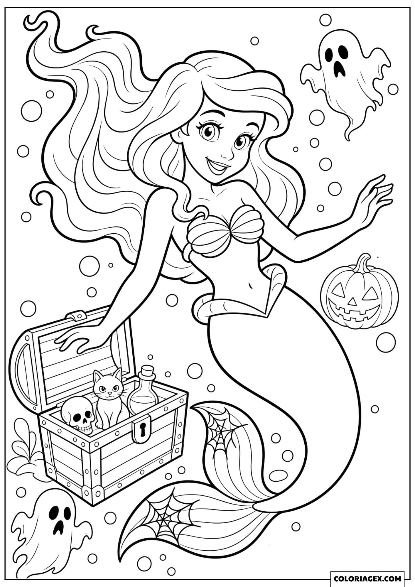 Dessin Ariel la Petite Sirène Explorant un Trésor d'Halloween