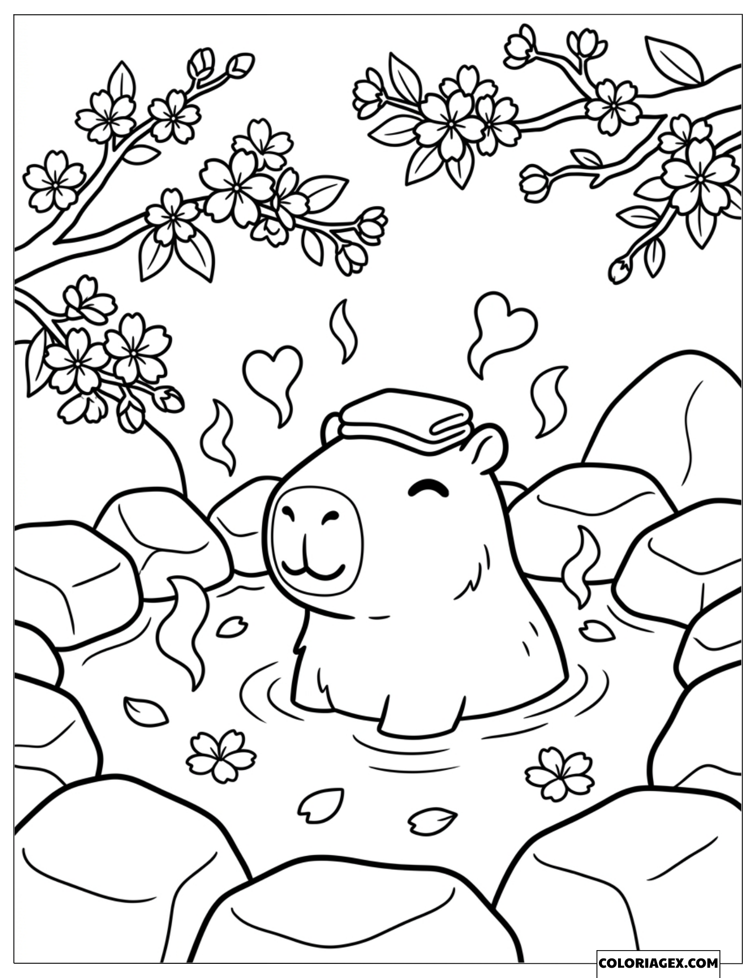 Dessin Capybara se détendant dans une source chaude de cerisiers en fleurs