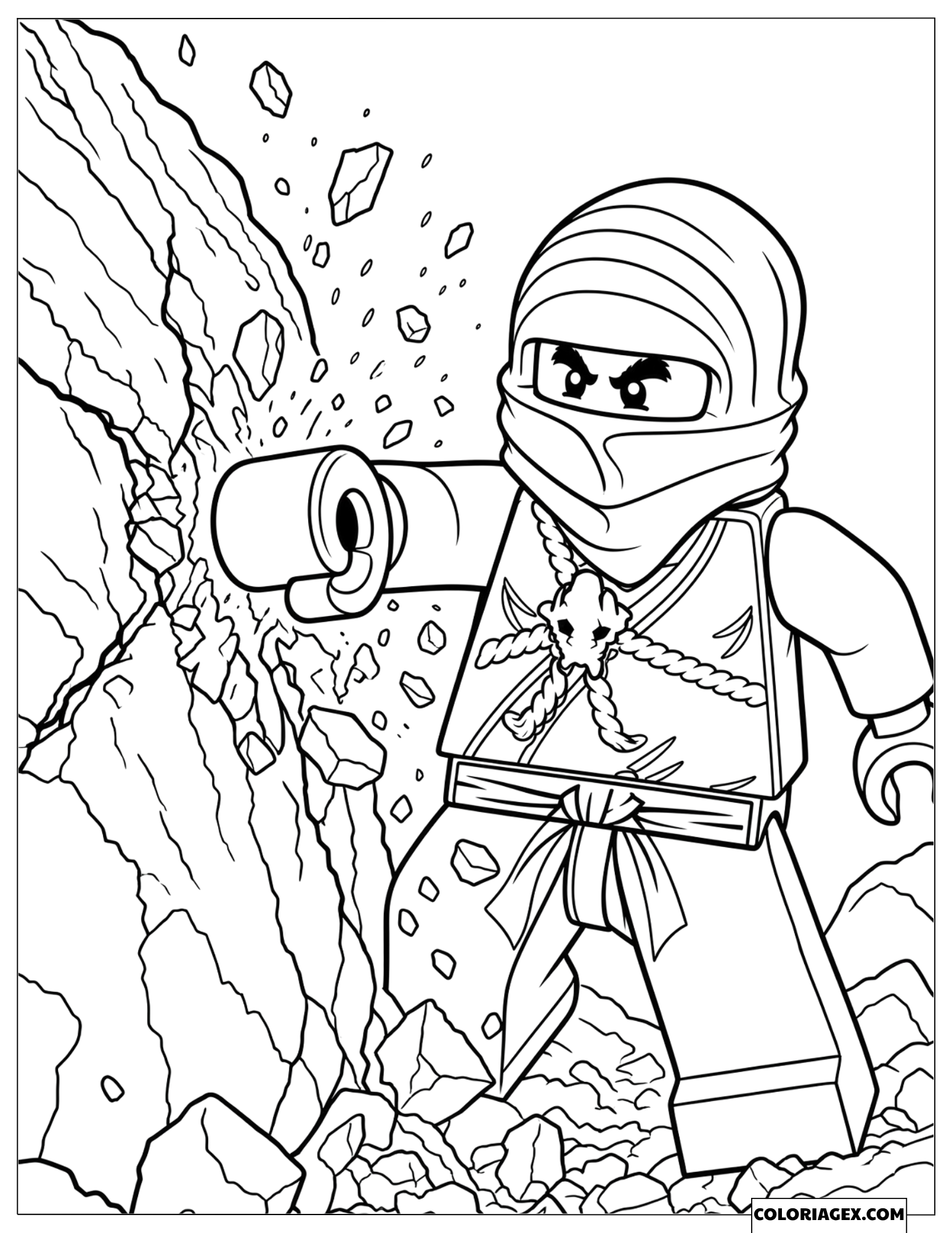 Dessin Cole assenant un coup de poing puissant pour briser un mur de roche