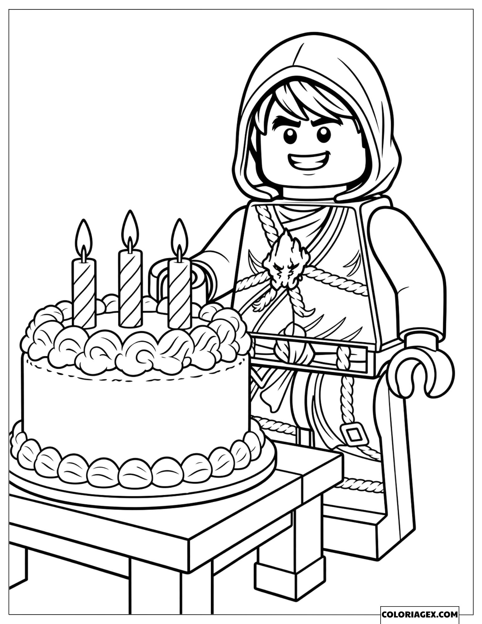 Dessin Cole portant une capuche debout à côté d'un gâteau d'anniversaire