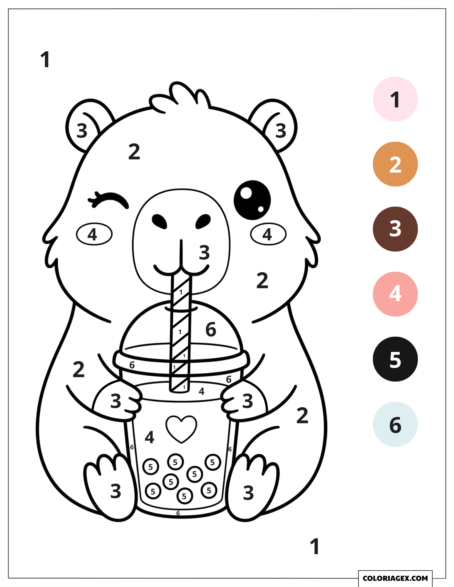 Dessin Coloriage par numéro d'un capybara buvant du bubble tea pour enfants