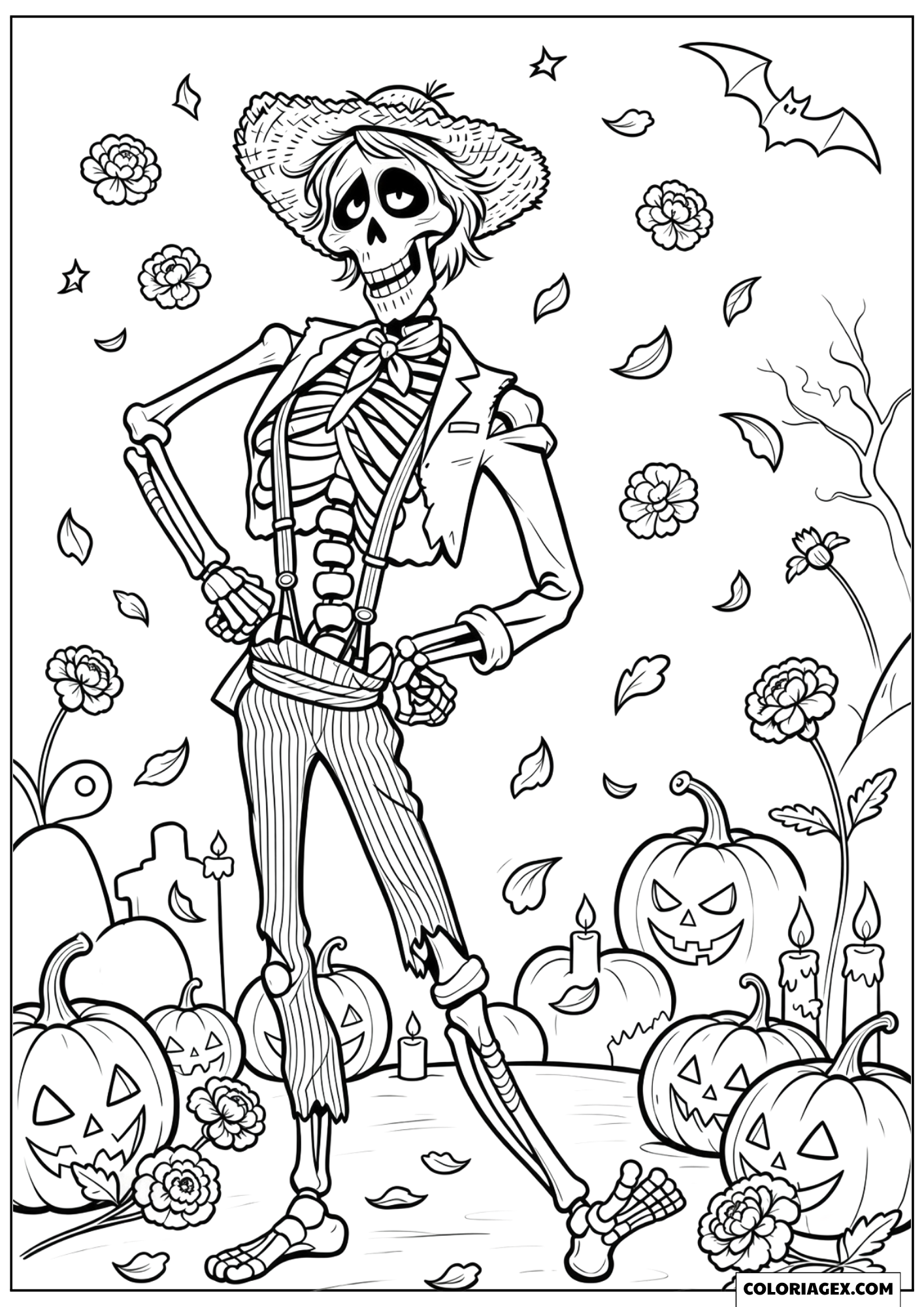 Dessin Héctor le Squelette Rigolo Posant parmi les Citrouilles