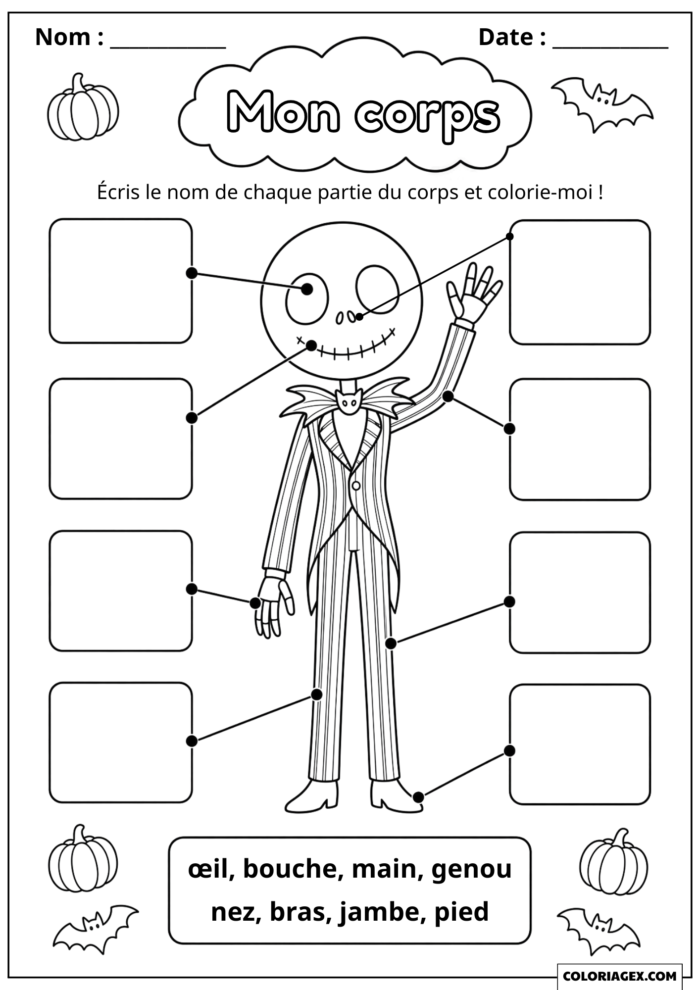 Dessin Jack Skellington Halloween à imprimer jeu Mon corps à colorier