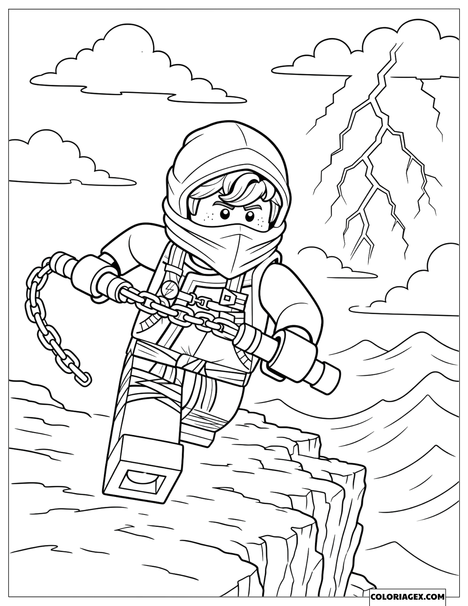 Dessin Jay marchant sur une falaise sous un orage d'éclairs