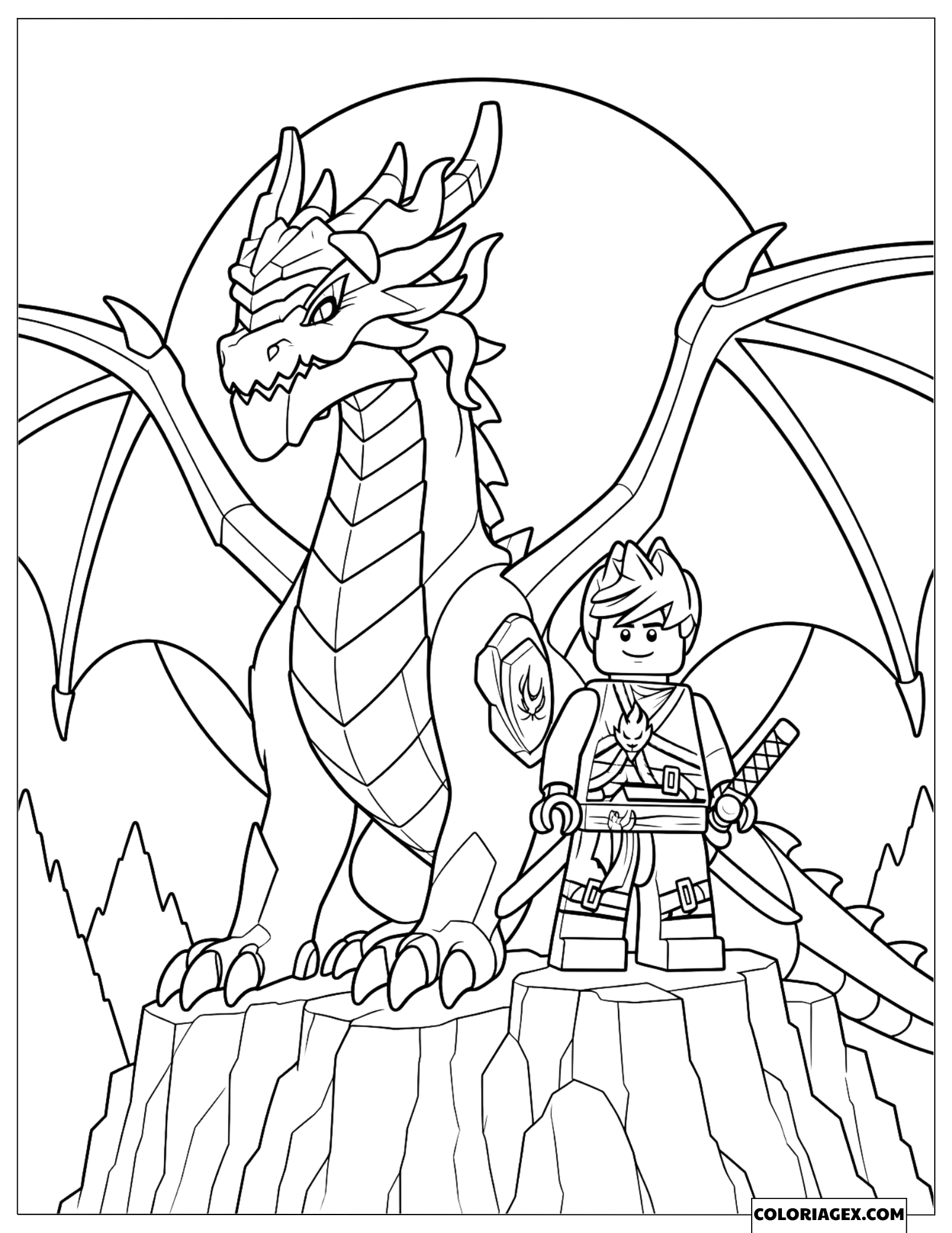 Dessin Kai se tenant fièrement aux côtés du dragon de feu sous la lune