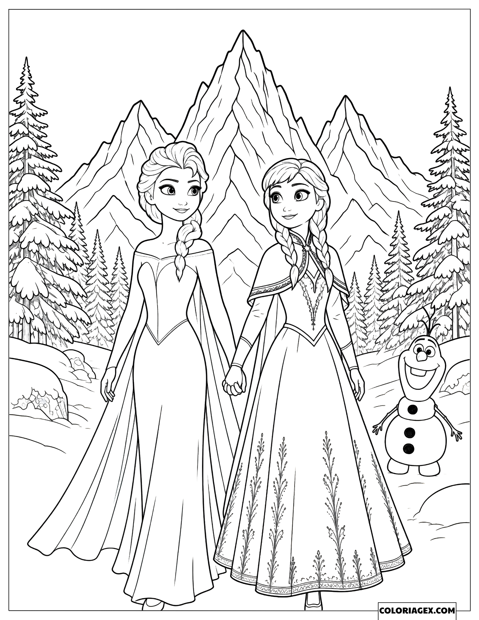 Dessin La Reine des Neiges Elsa, Anna et le bonhomme de neige Olaf en promenade