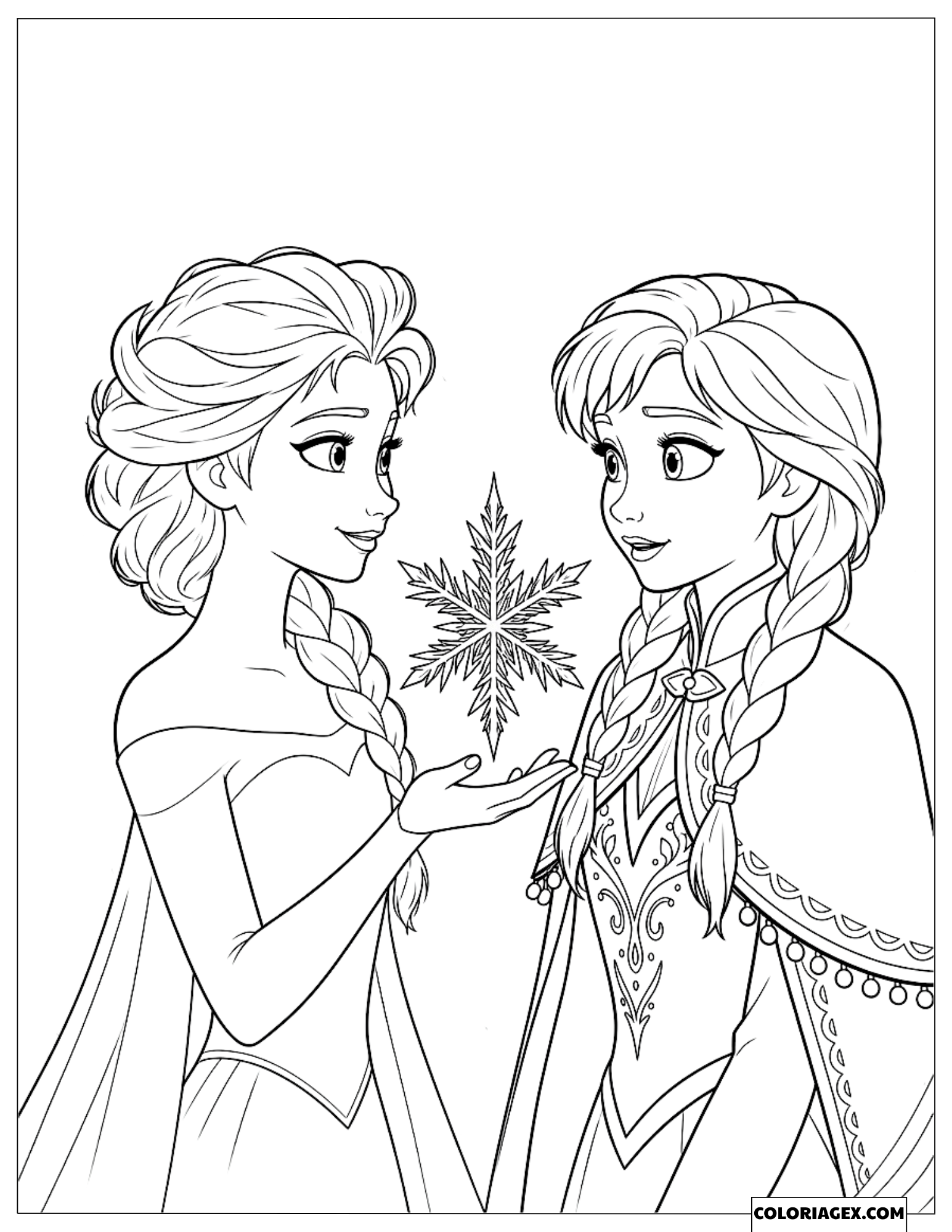 Dessin La Reine des Neiges Elsa et Anna admirant un flocon magique