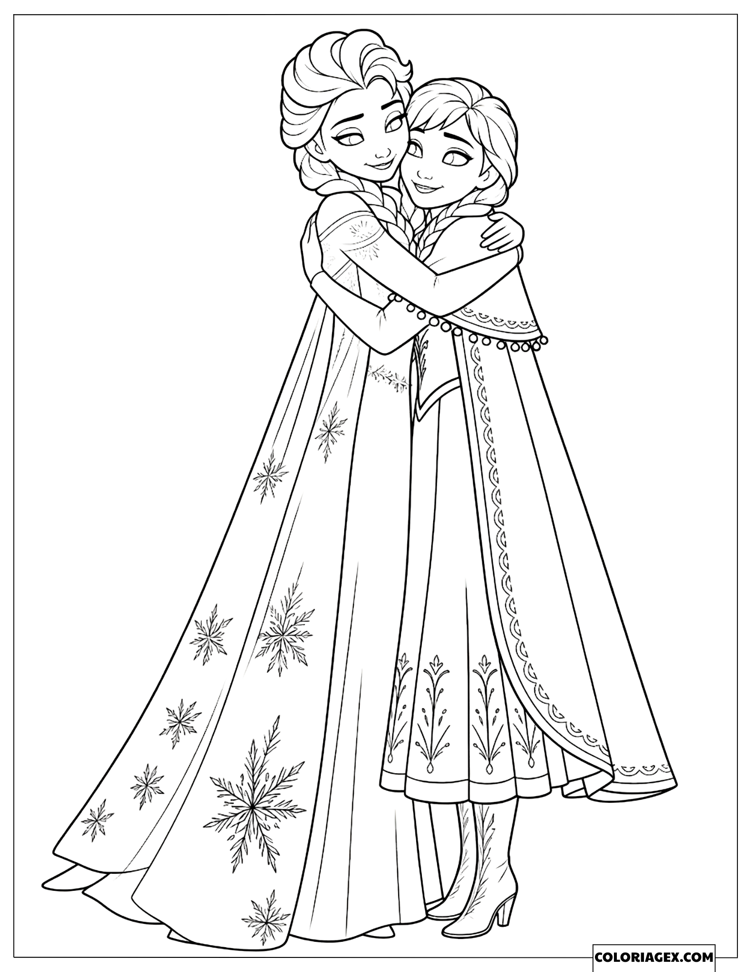 Dessin La Reine des Neiges Elsa et Anna se faisant un câlin chaleureux