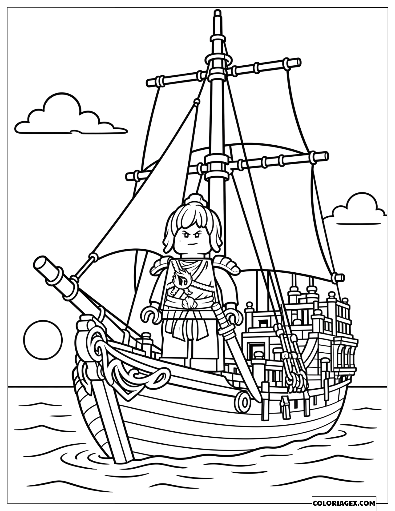 Dessin Nya debout sur le pont d'un navire en mer