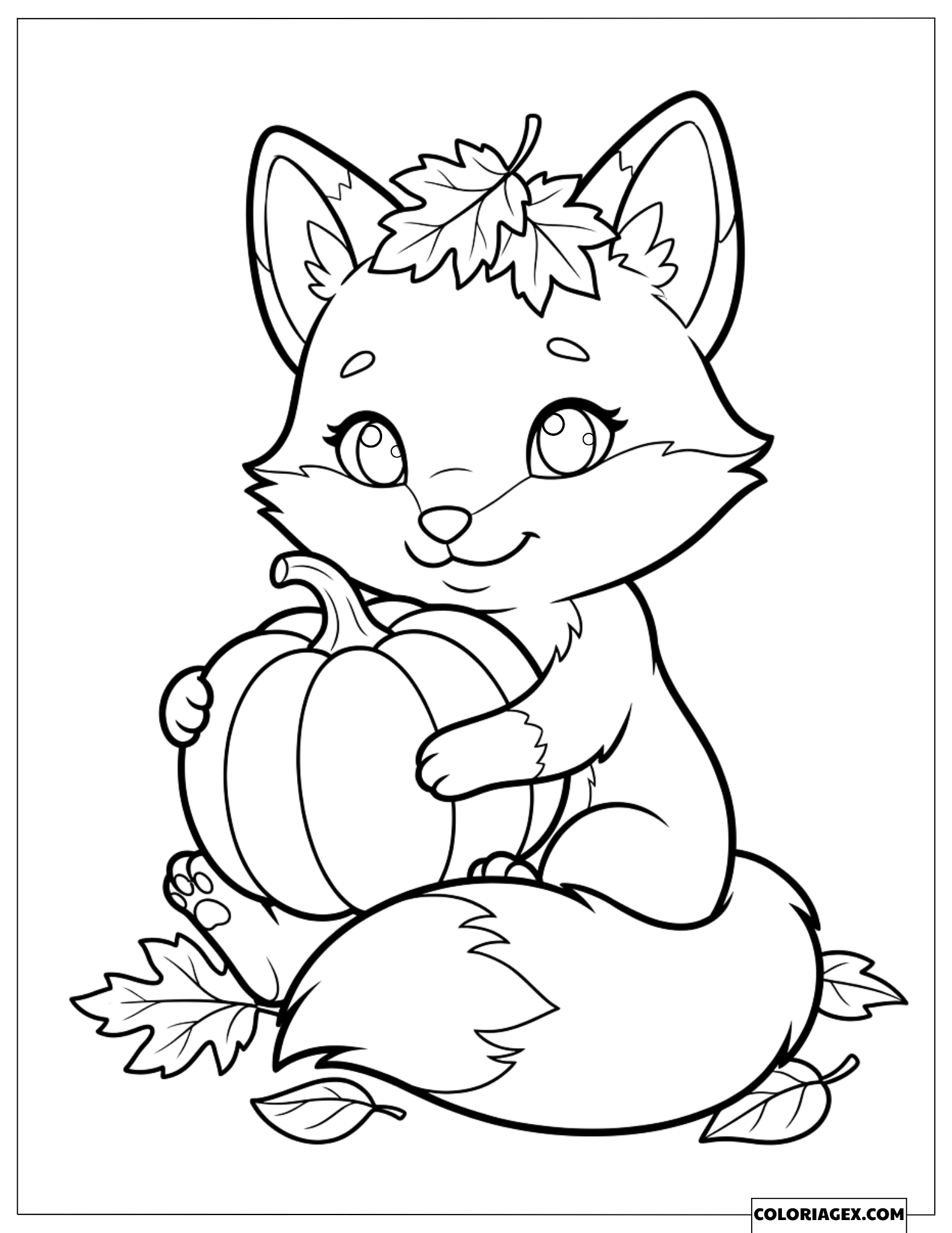 Dessin Petit Renard Coiffé d'une Feuille Tenant une Citrouille d'Automne