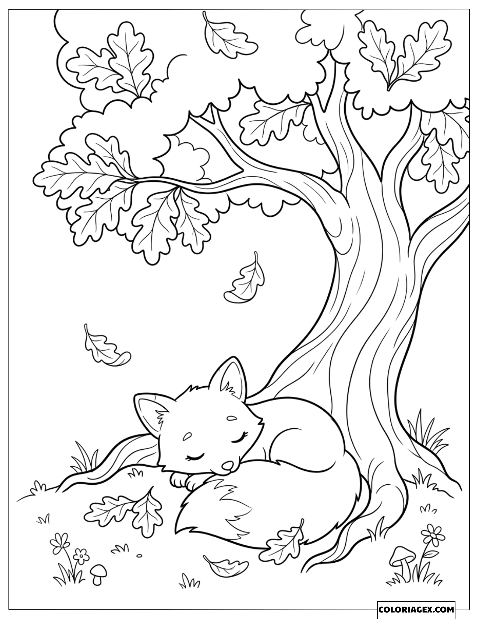 Dessin Petit Renard Endormi Paisiblement sous un Grand Arbre d'Automne