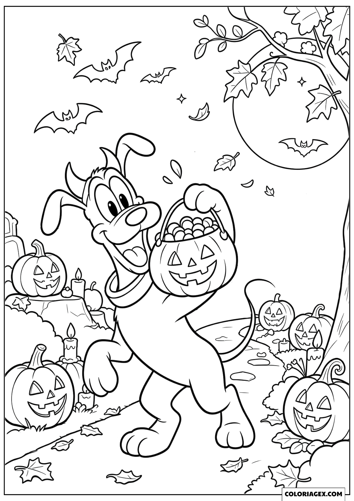 Dessin Pluto Déguisé Tenant un Panier de Bonbons d'Halloween