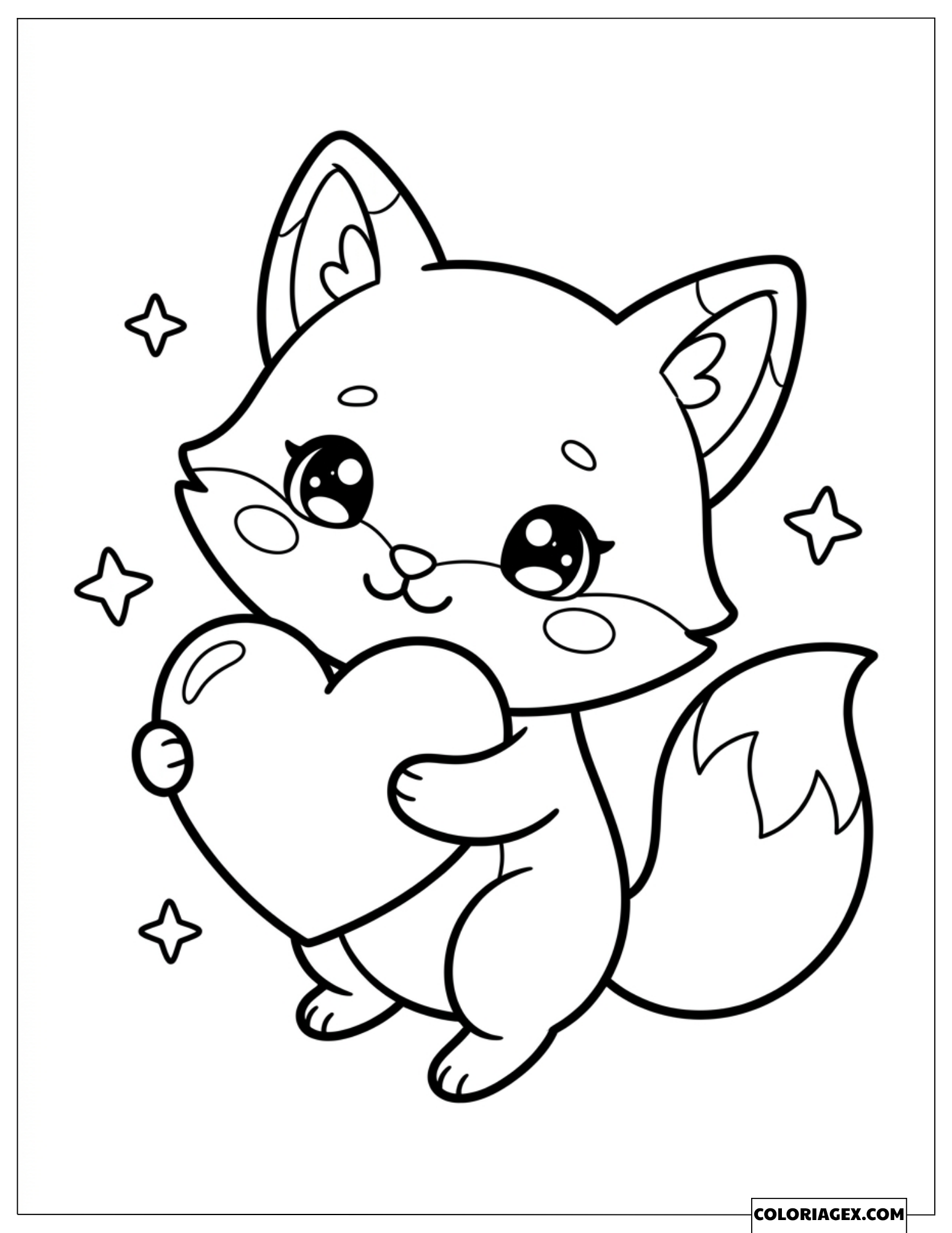 Dessin Renard Kawaii Doux Tenant un Grand Cœur dans ses Pattes