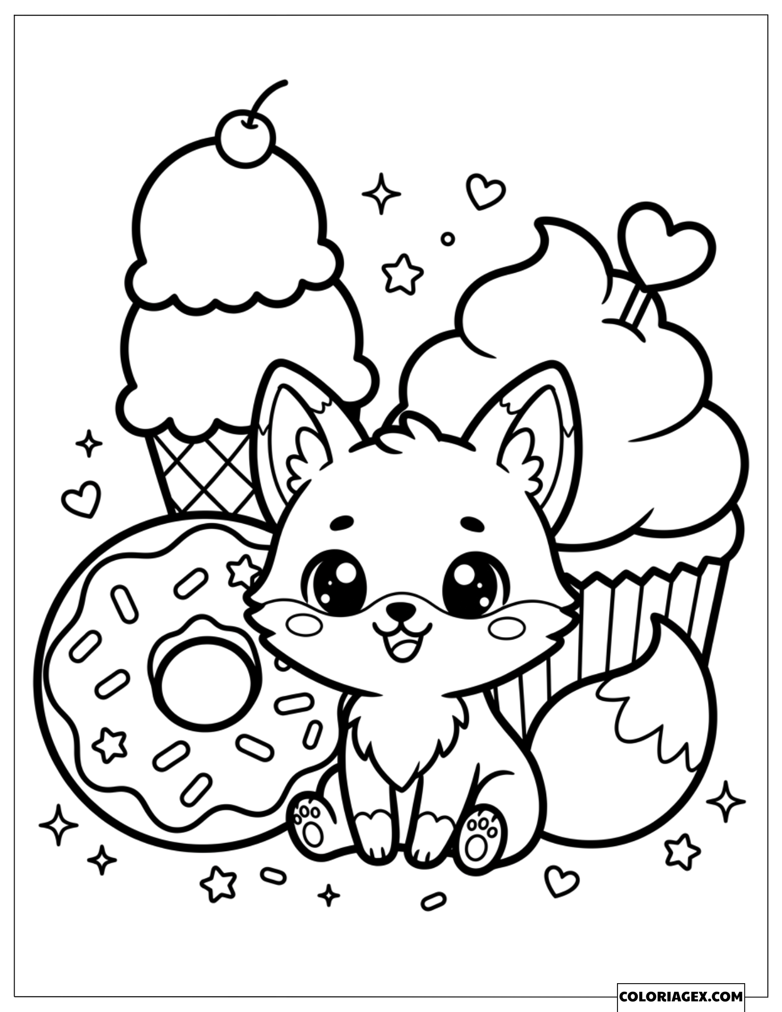 Dessin Renard Kawaii Heureux Entouré de Douceurs et de Gâteaux