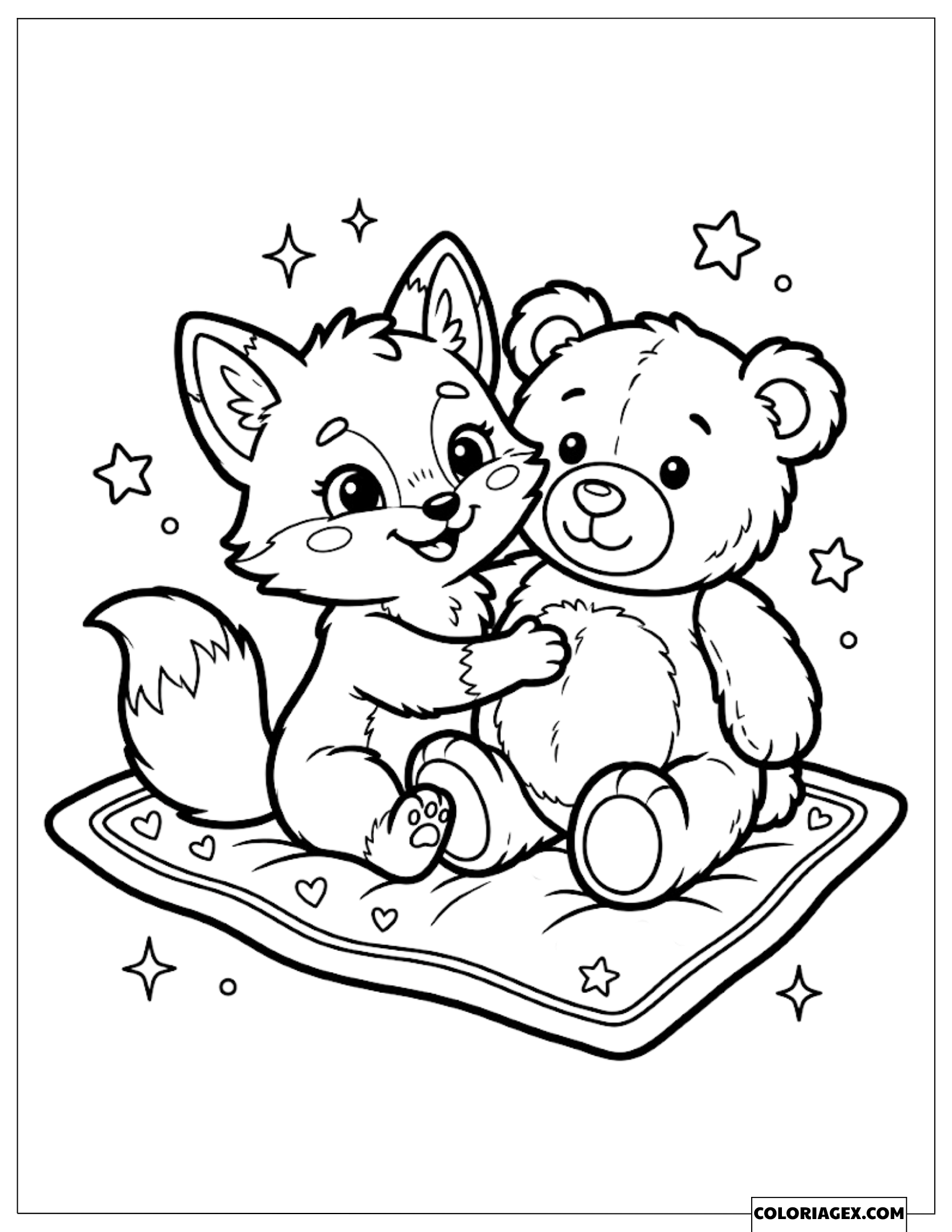 Dessin Renard Mignon Faisant un Câlin à un Ours en Peluche