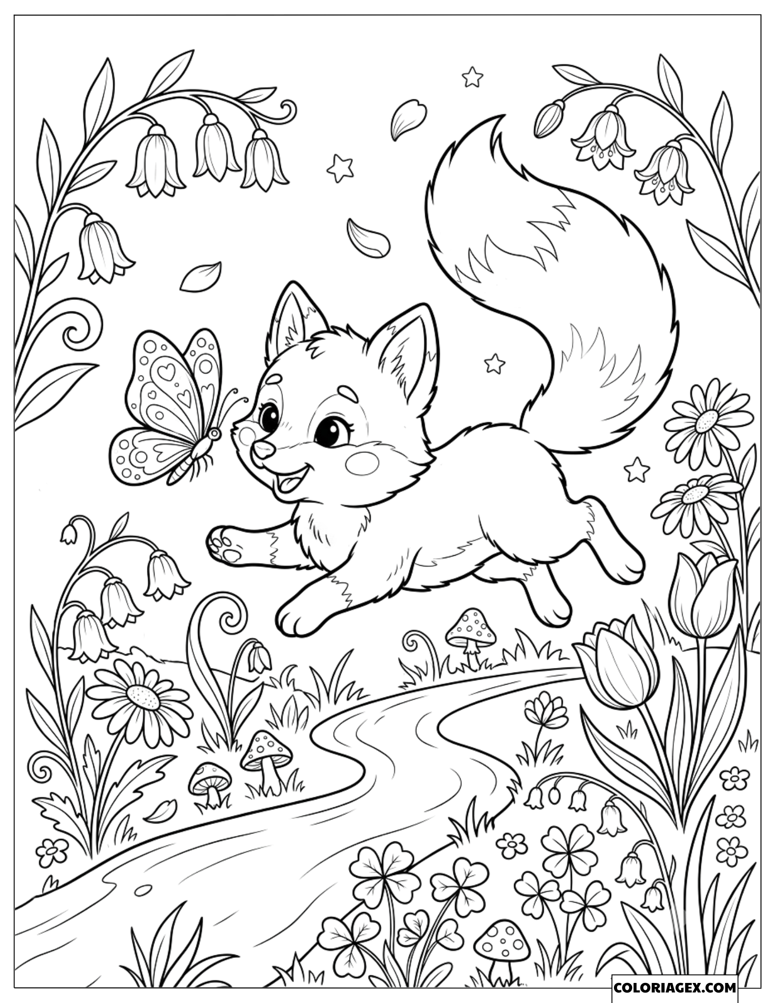 Dessin Renard Mignon Jouant avec un Papillon dans la Nature