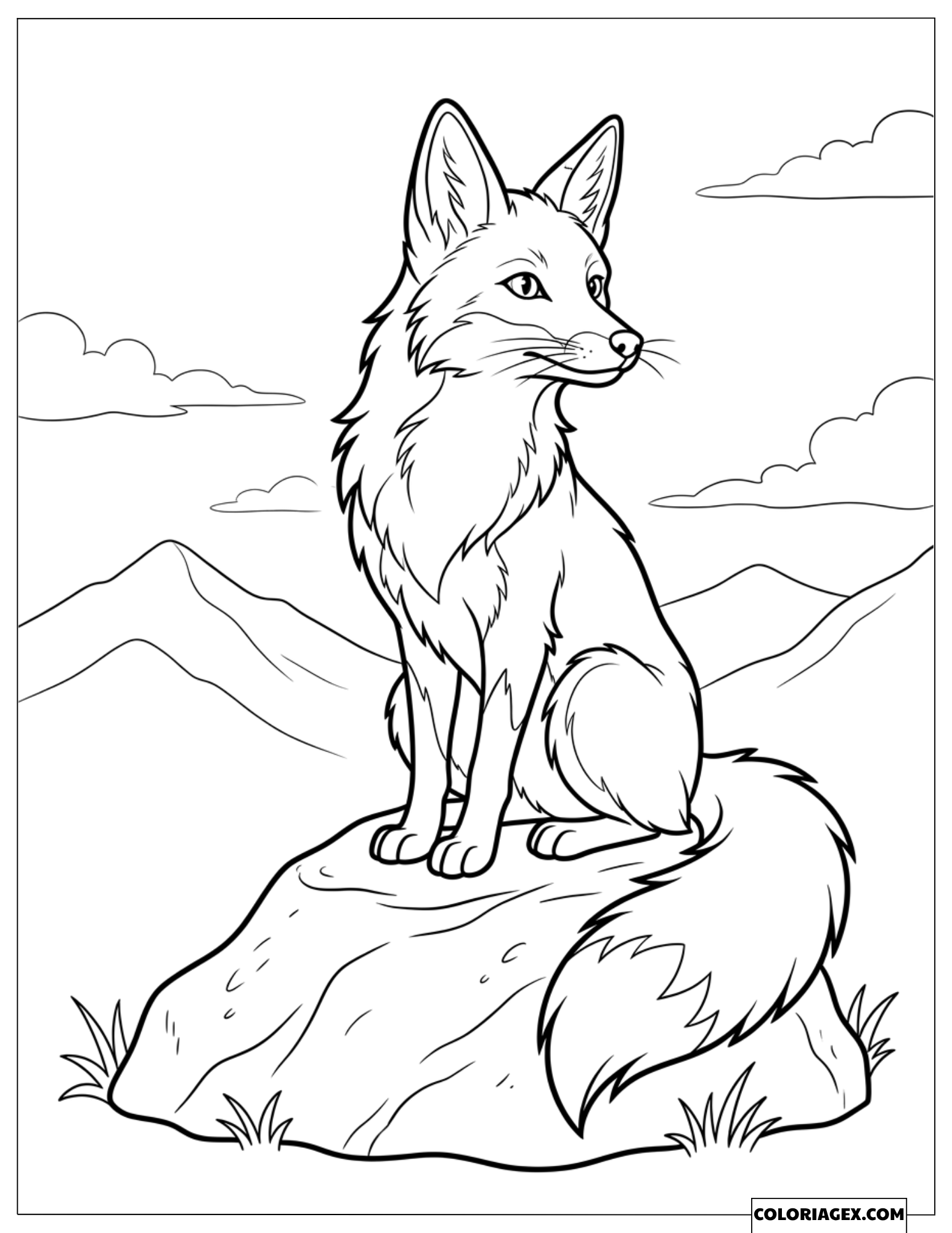 Dessin Renard Roux Fier Assis sur un Grand Rocher dans la Nature