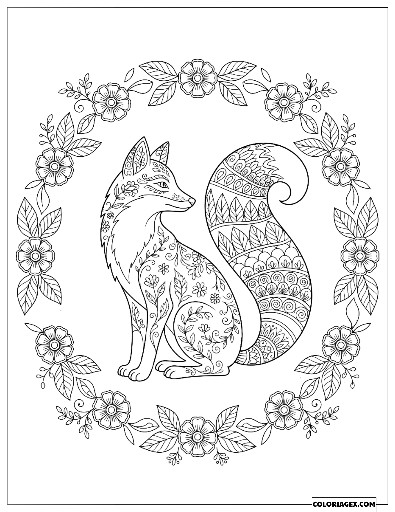 Dessin Renard aux Motifs Floraux Assis dans une Couronne de Fleurs