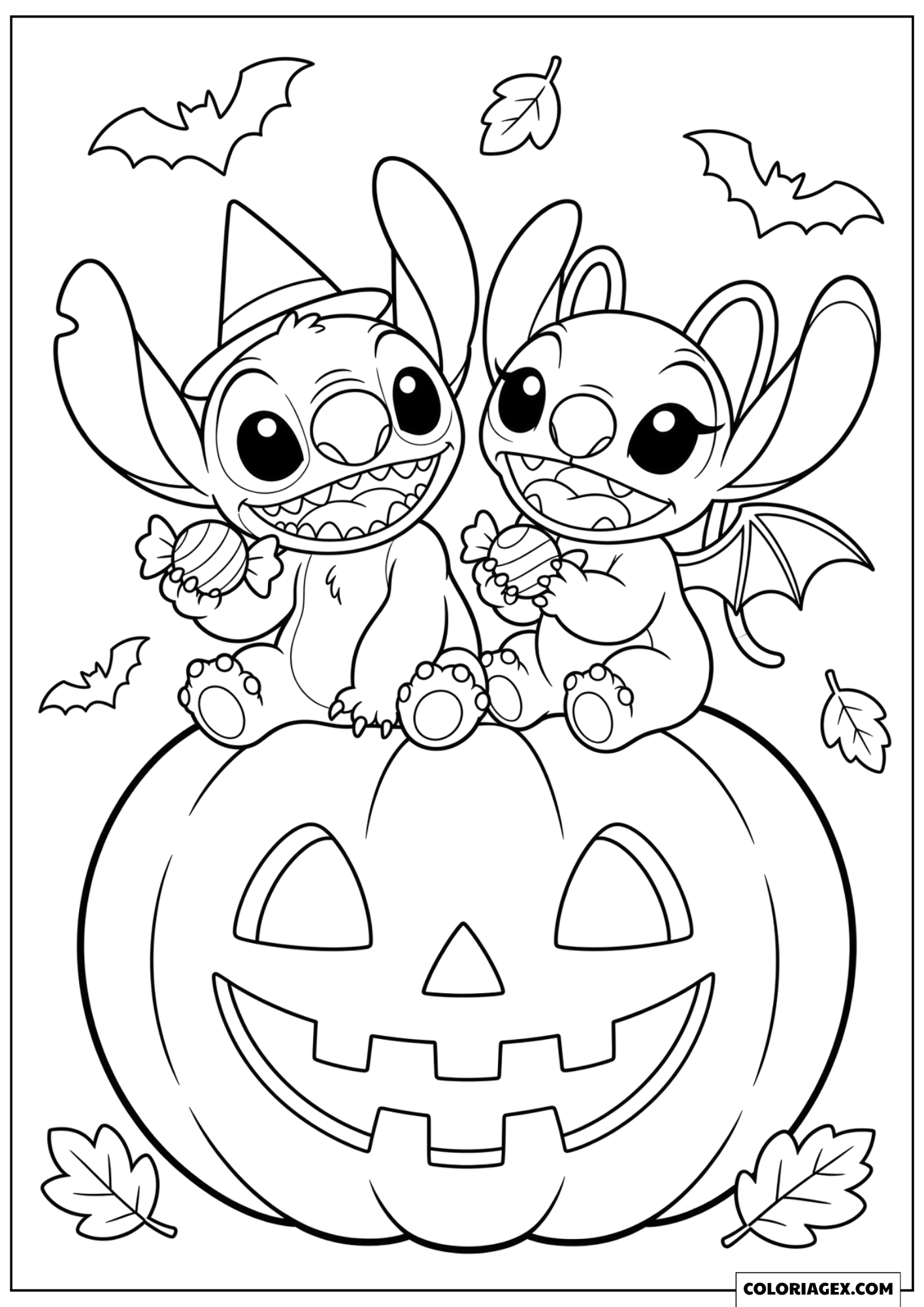Dessin Stitch et Angel Assis sur une Grande Citrouille d'Halloween