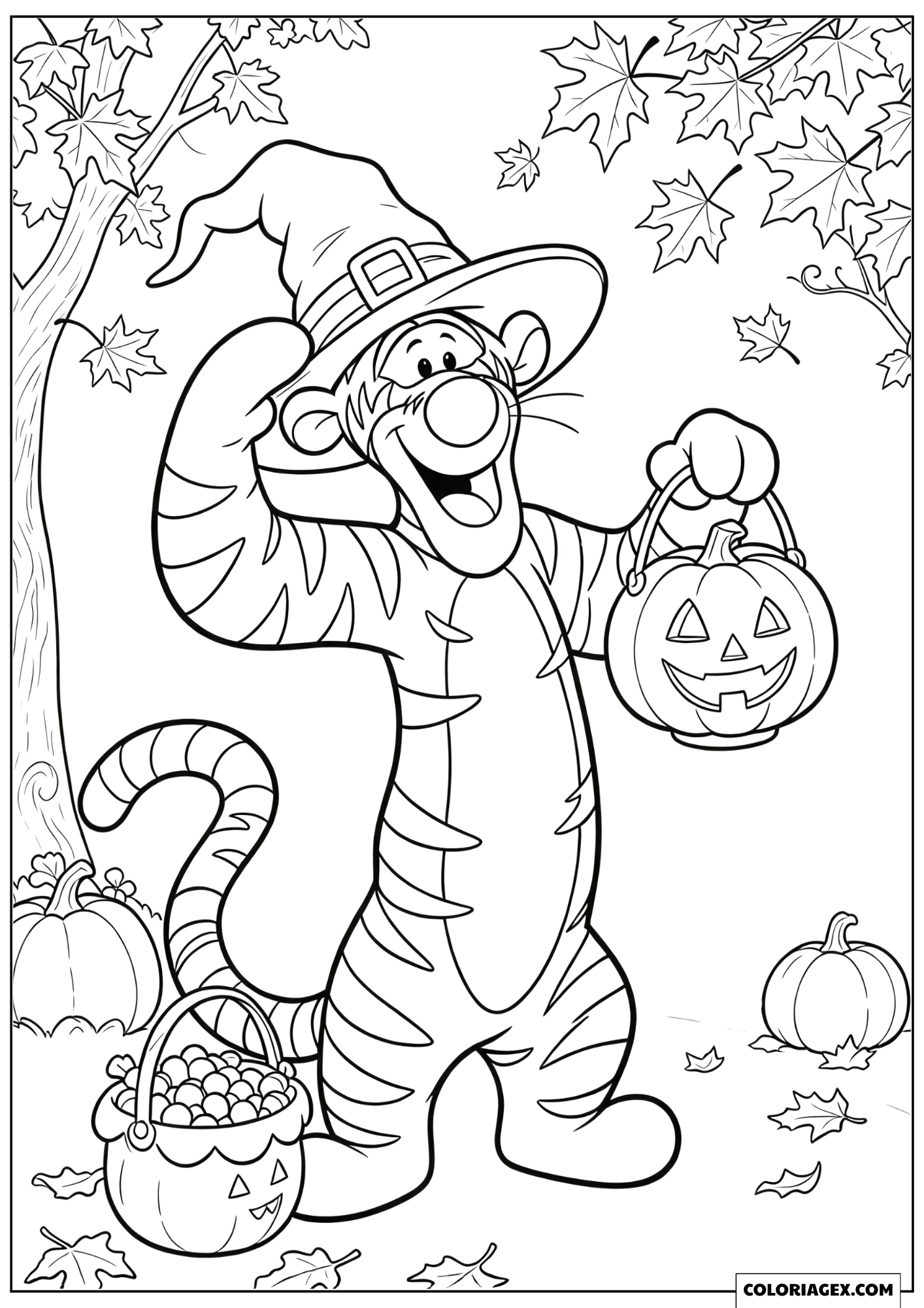 Dessin Tigger en Sorcier Ajustant son Chapeau et Tenant sa Citrouille