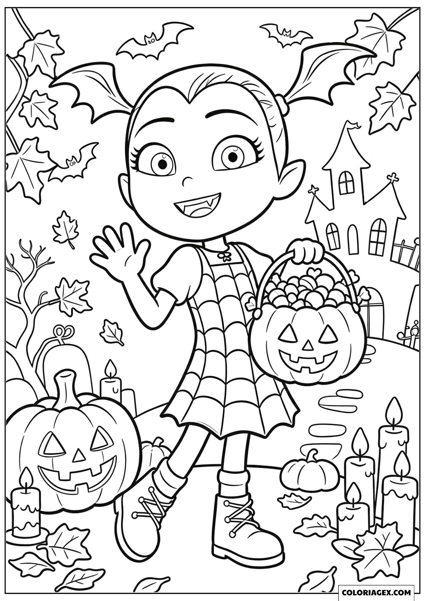 Dessin Vampirina Tenant un Panier de Bonbons d'Halloween